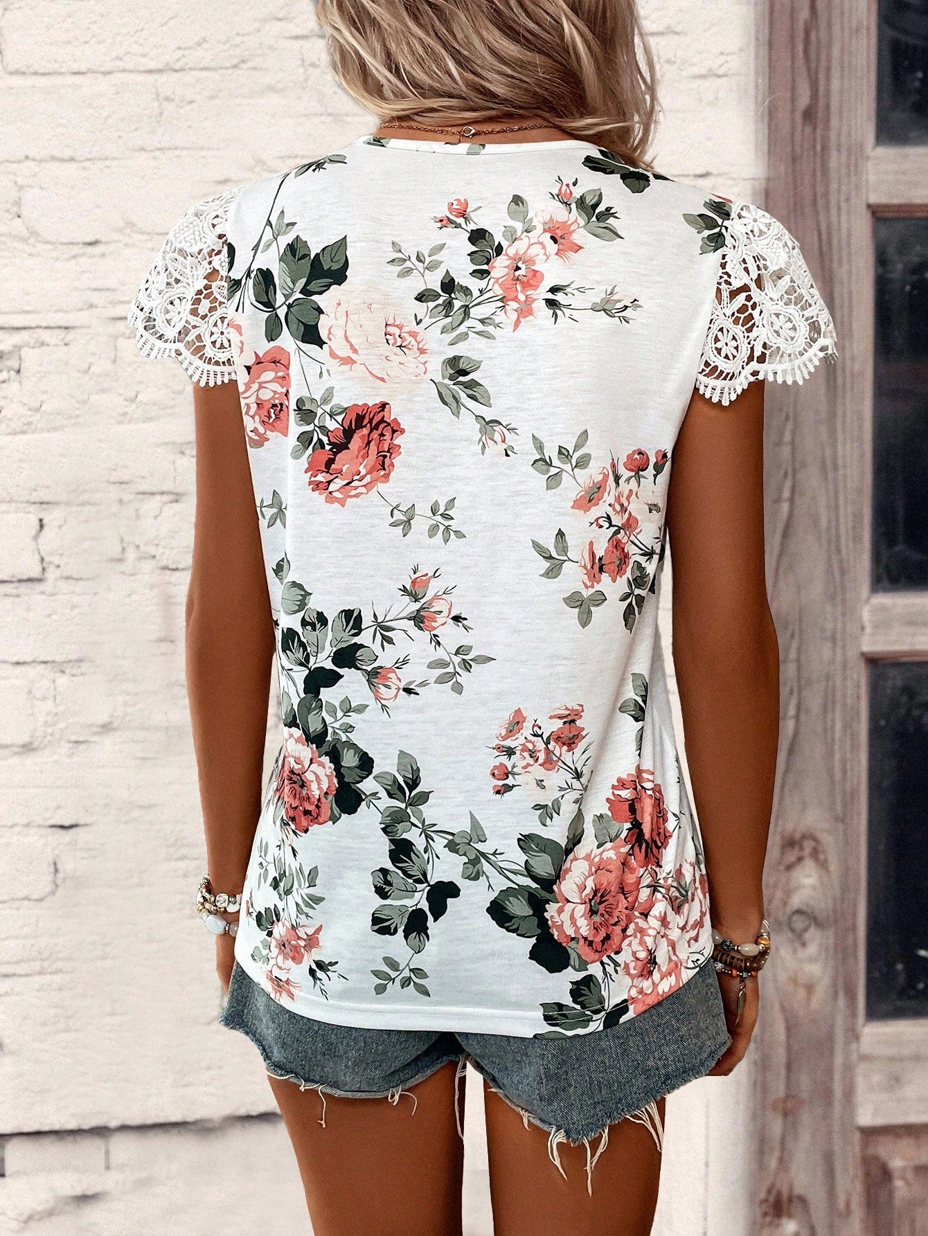 Holidaya Floral Print Guipure Lace Insert Tee