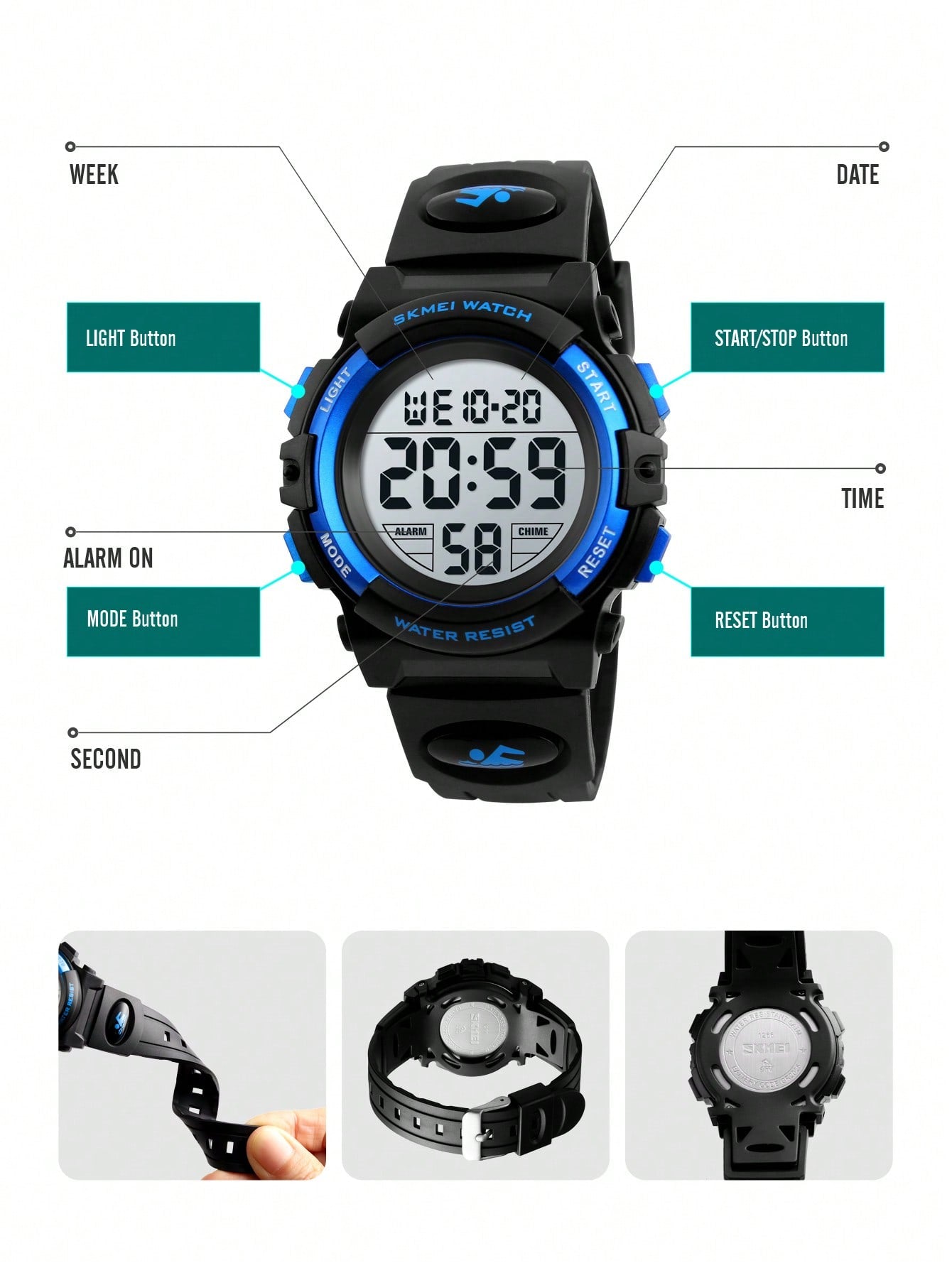 Skmei 1pc Kids Black TPU Strap Sporty Date Calendar Water Resistant Round Dial Digital Watch, For Daily Life