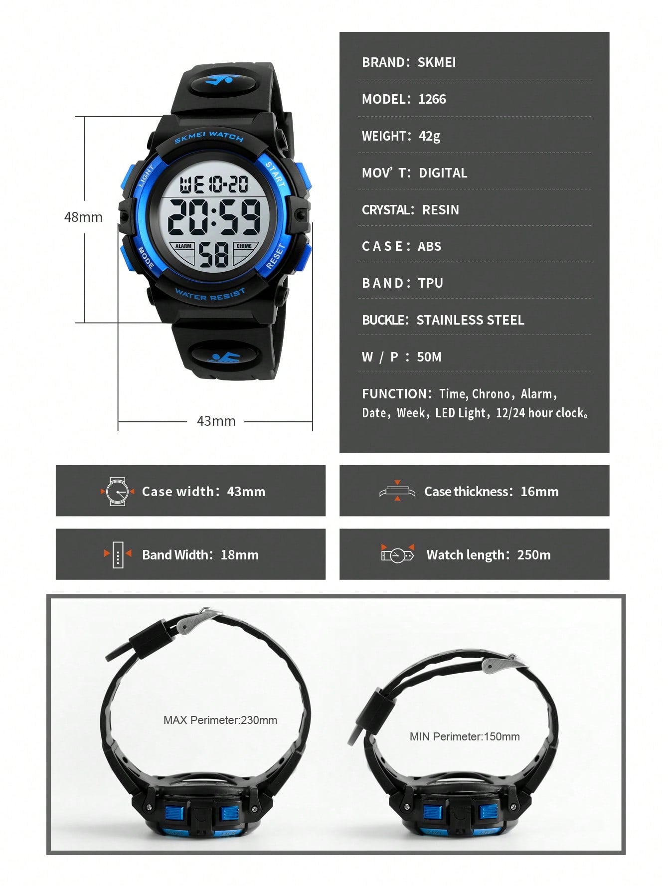 Skmei 1pc Kids Black TPU Strap Sporty Date Calendar Water Resistant Round Dial Digital Watch, For Daily Life