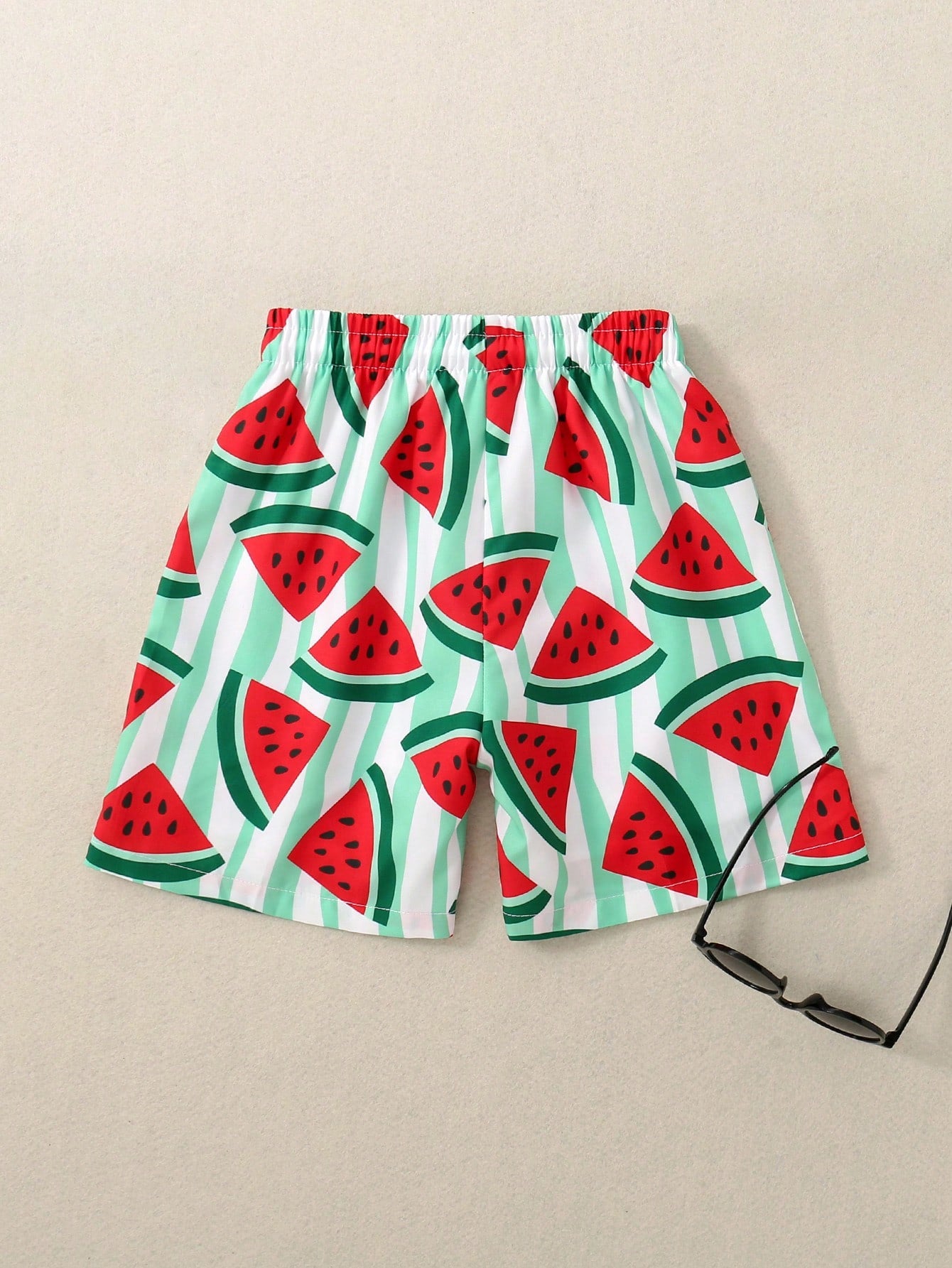 Young Boy Watermelon Print Summer Drawstring Shorts