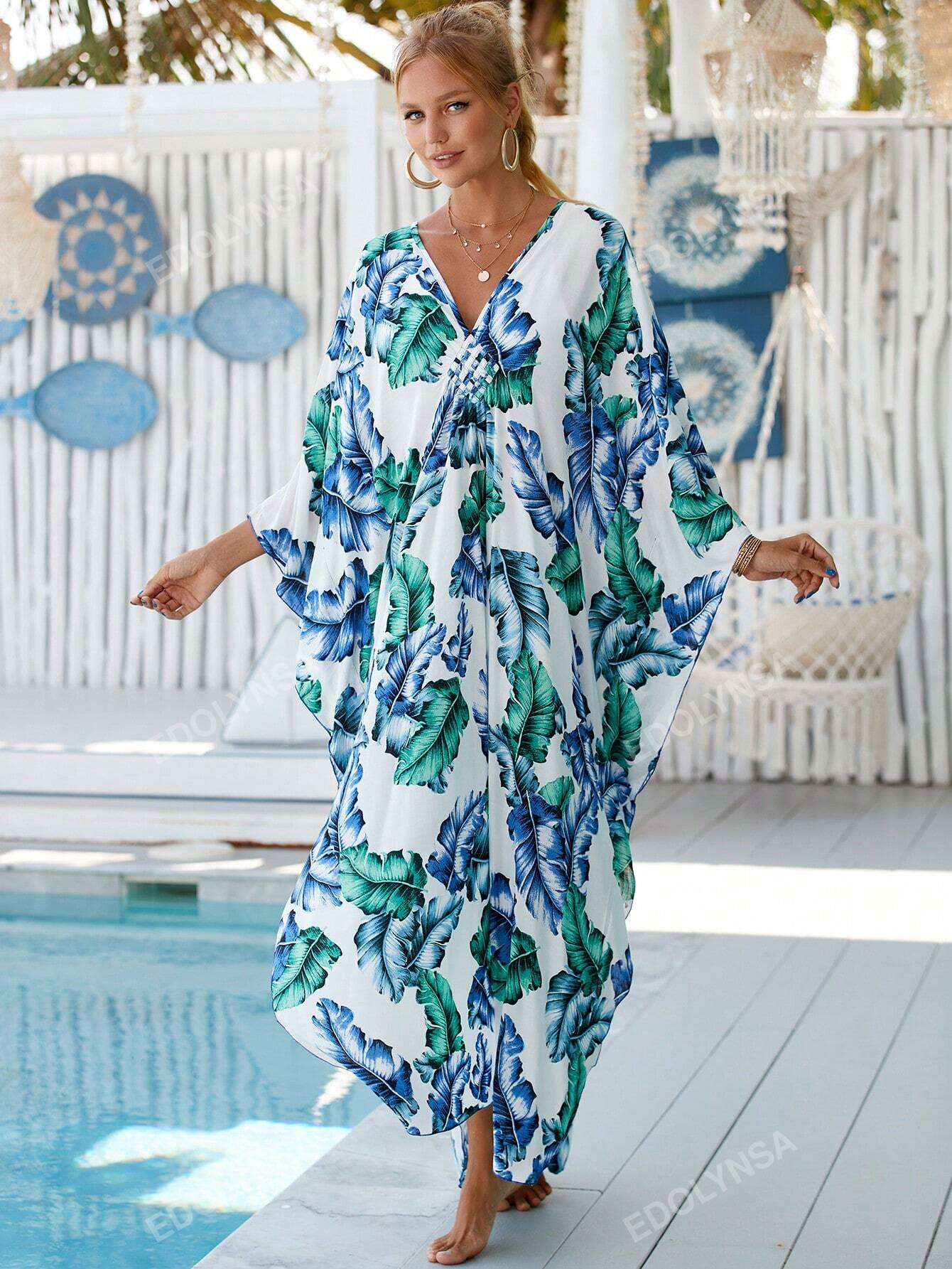 Tropical Print Bat wing Sleeve House Kaftan Dress