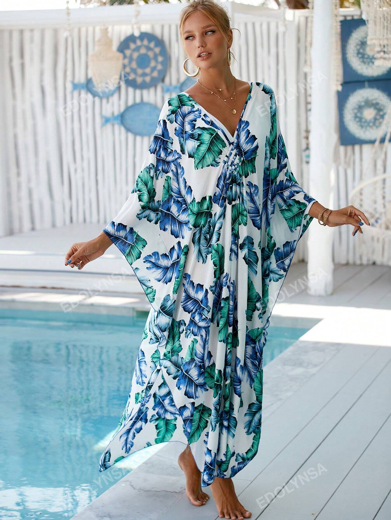 Tropical Print Bat wing Sleeve House Kaftan Dress