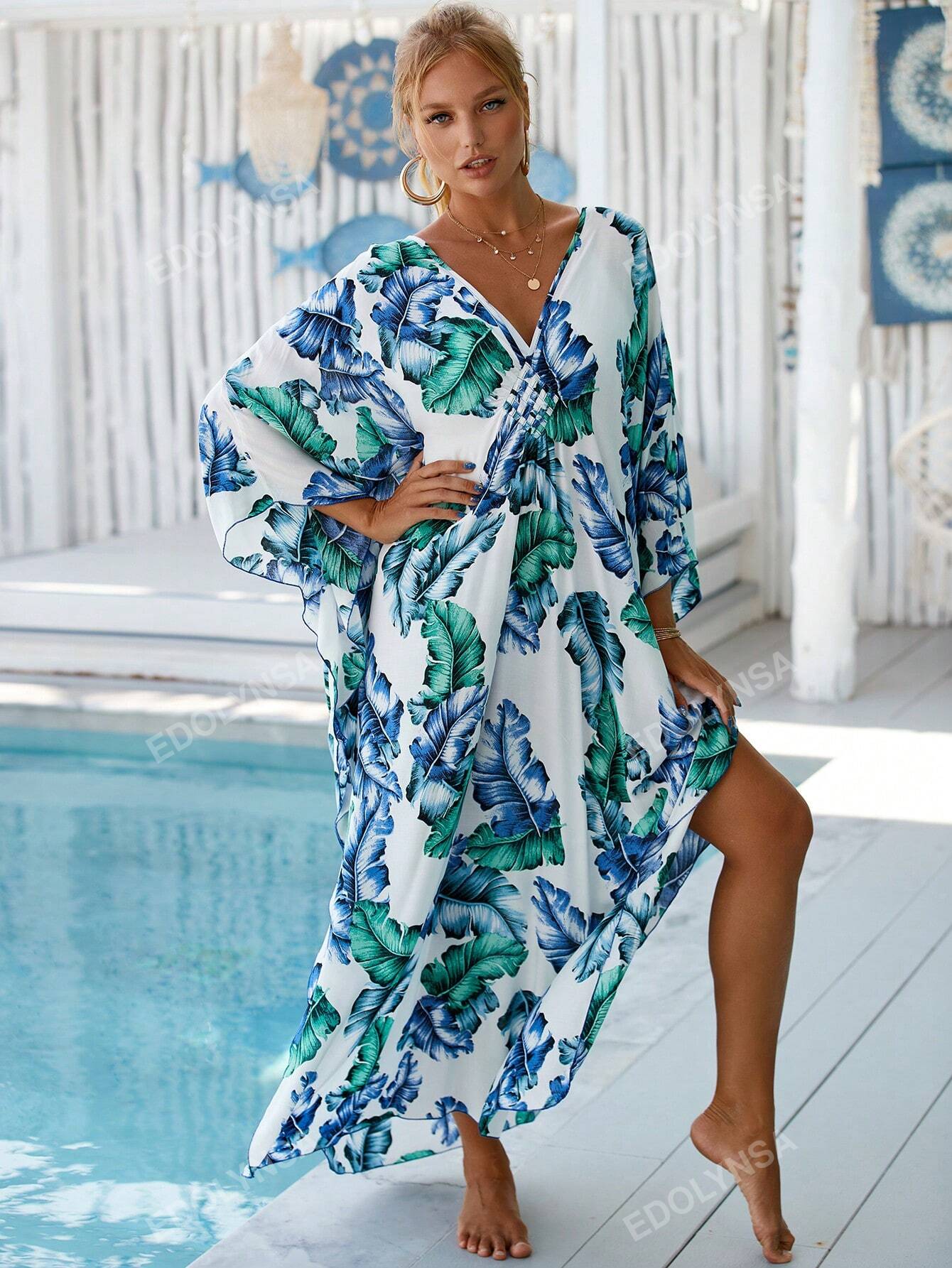 Tropical Print Bat wing Sleeve House Kaftan Dress