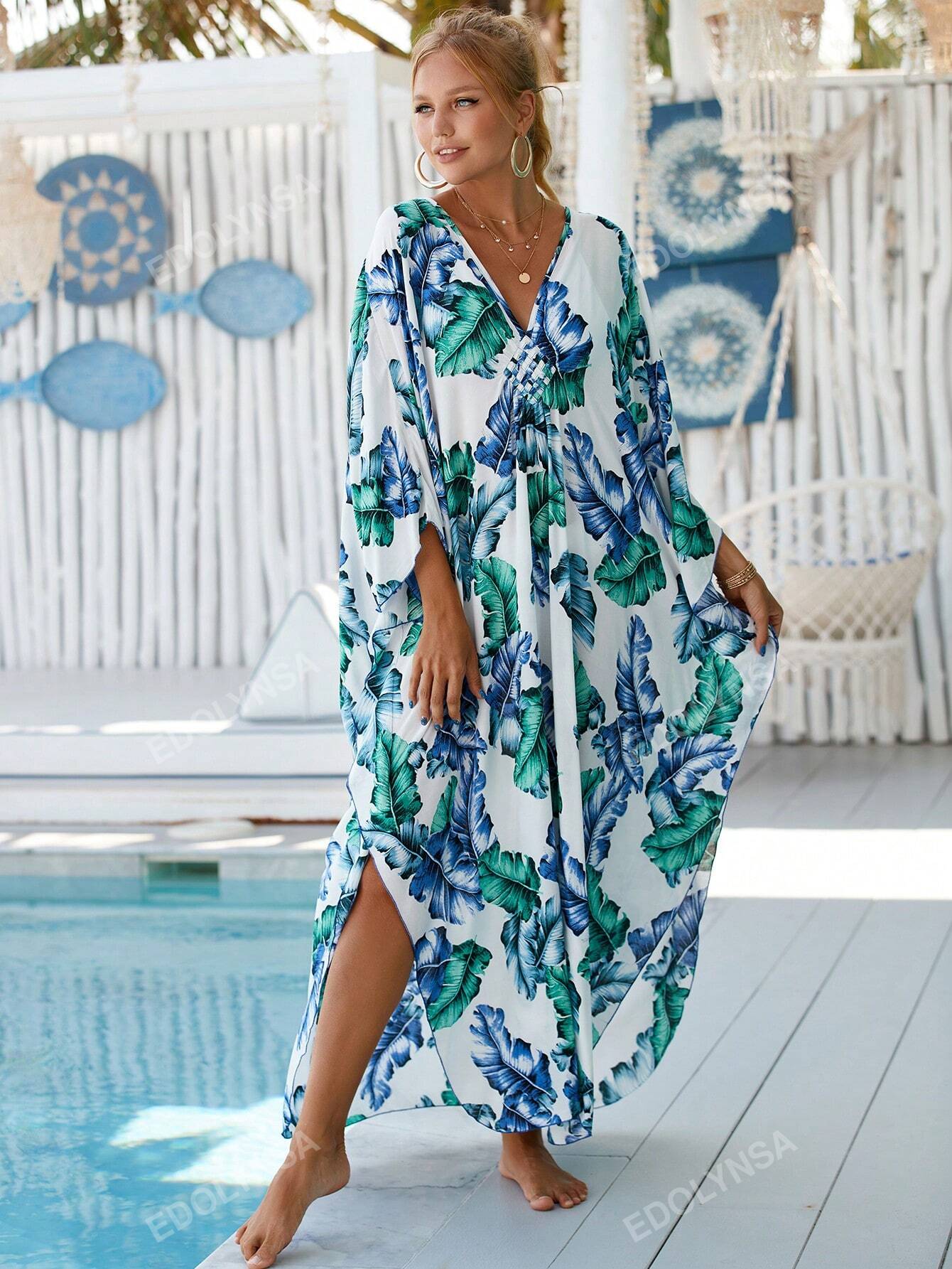 Tropical Print Bat wing Sleeve House Kaftan Dress