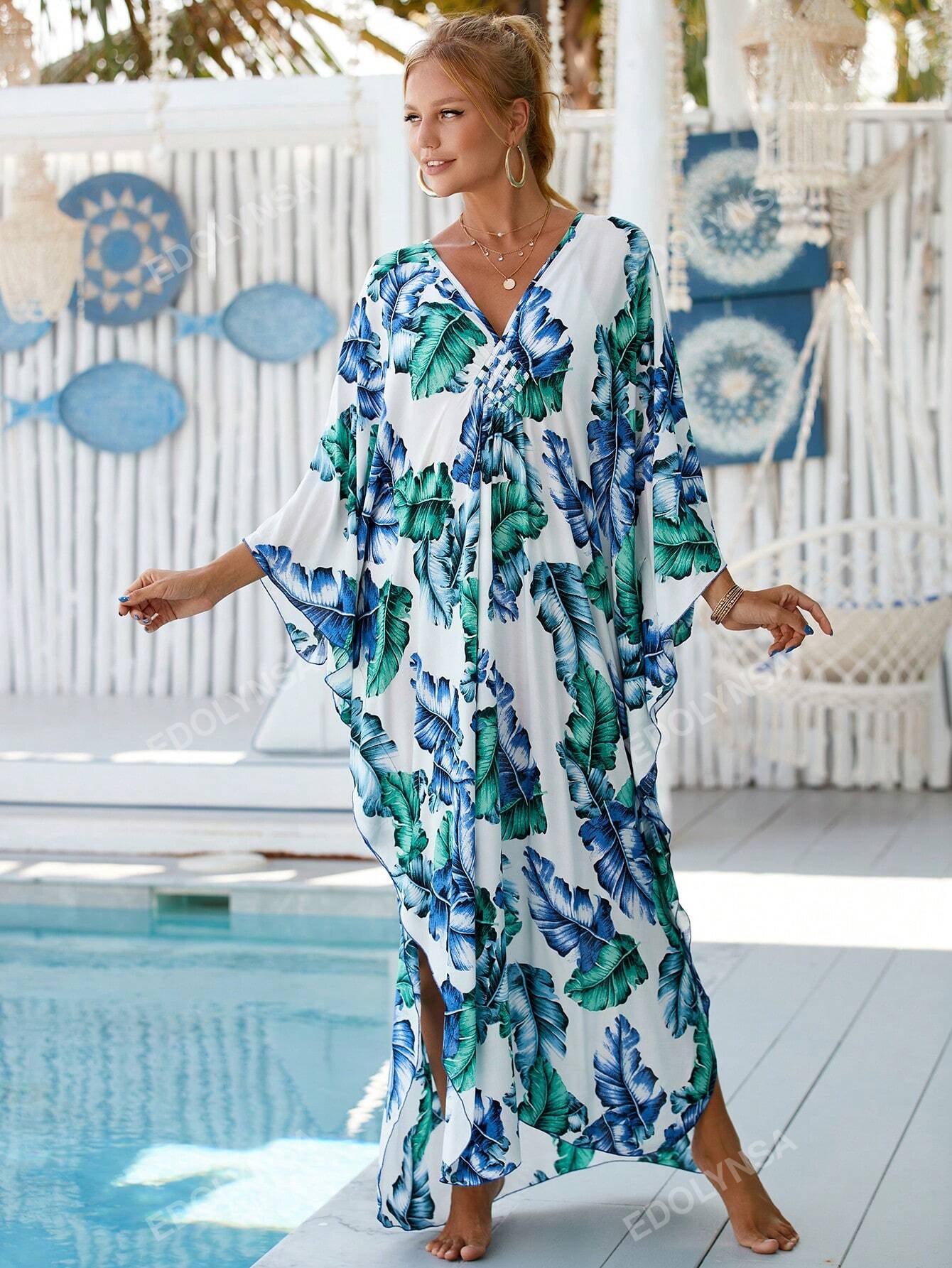 Tropical Print Bat wing Sleeve House Kaftan Dress