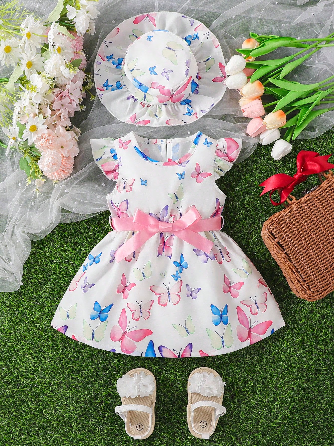 Souflis Baby Girl Butterfly Print Ruffle Trim Dress With Hat