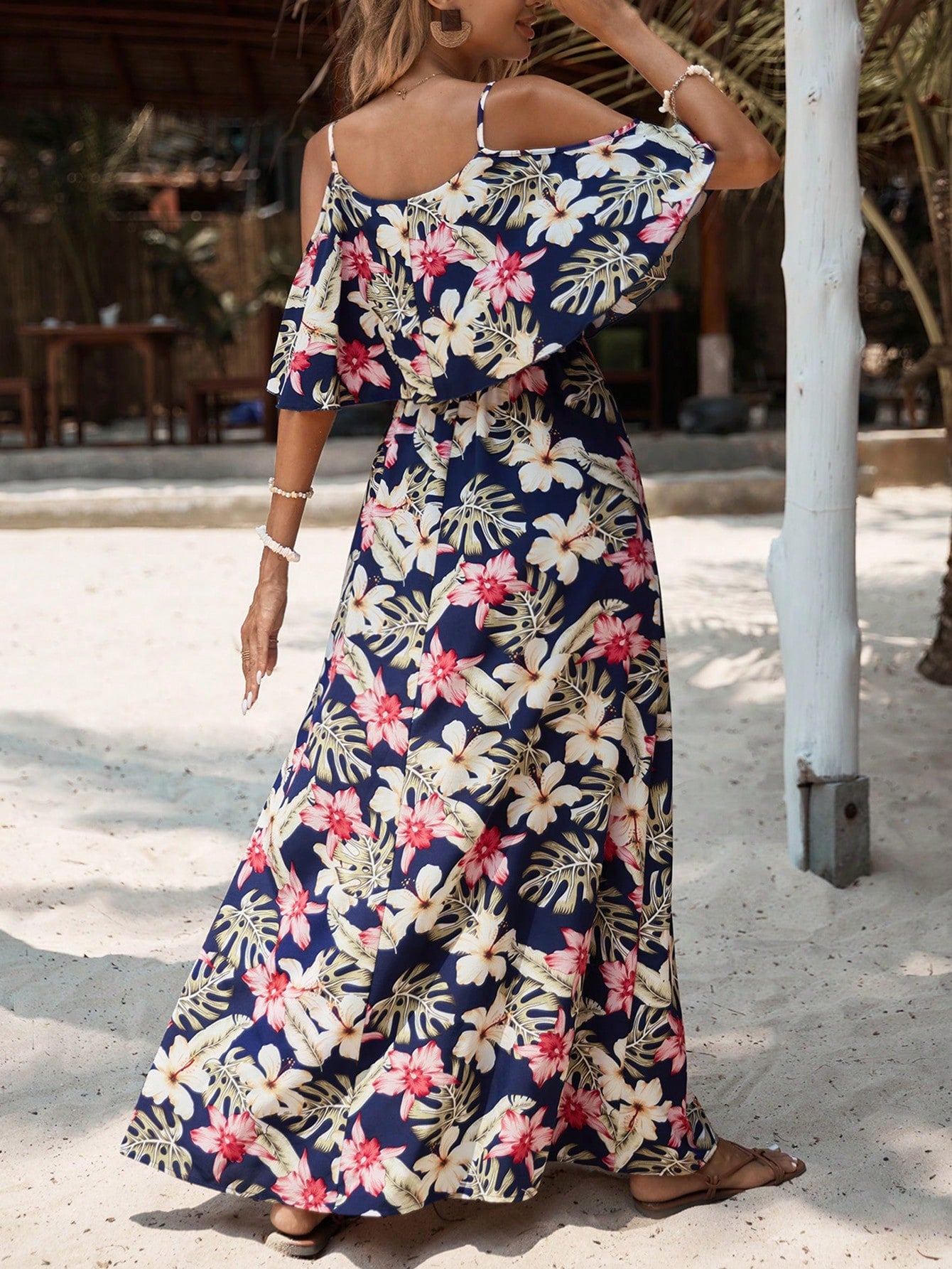 Holidaya Tropical & Floral Print Cold Shoulder Ruffle Trim Dress Maxi Vacation Beach Outfits Women