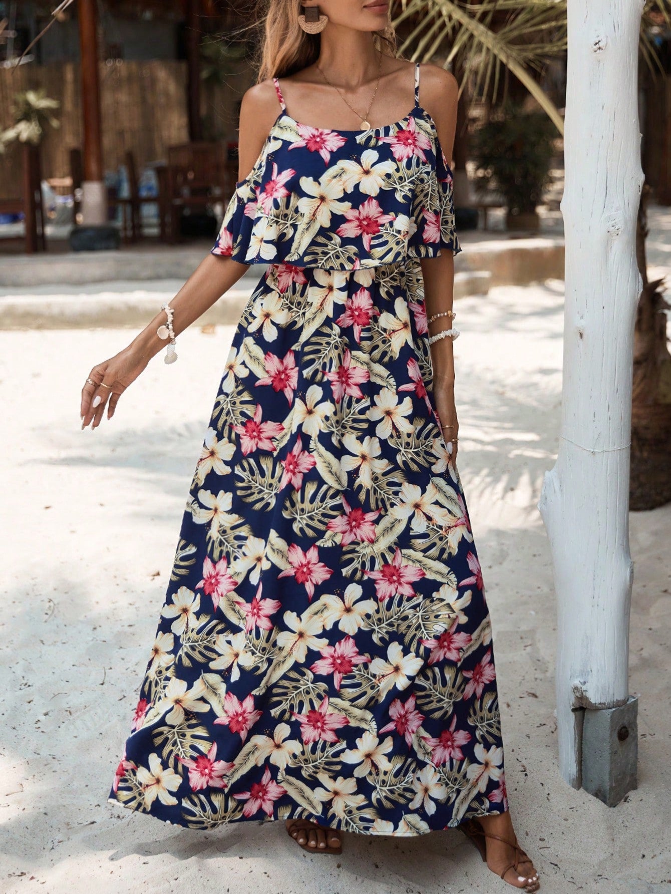 Holidaya Tropical & Floral Print Cold Shoulder Ruffle Trim Dress Maxi Vacation Beach Outfits Women