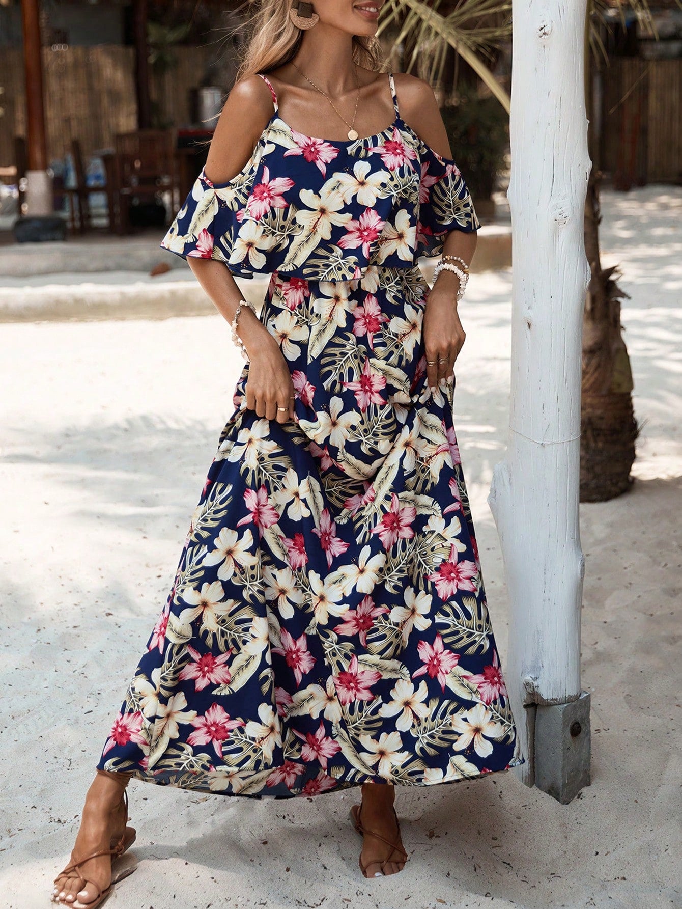 Holidaya Tropical & Floral Print Cold Shoulder Ruffle Trim Dress Maxi Vacation Beach Outfits Women