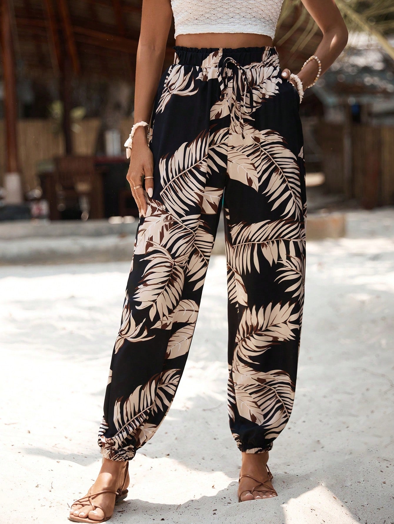 VCAY Tropical Print Paperbag Waist Belted Pants