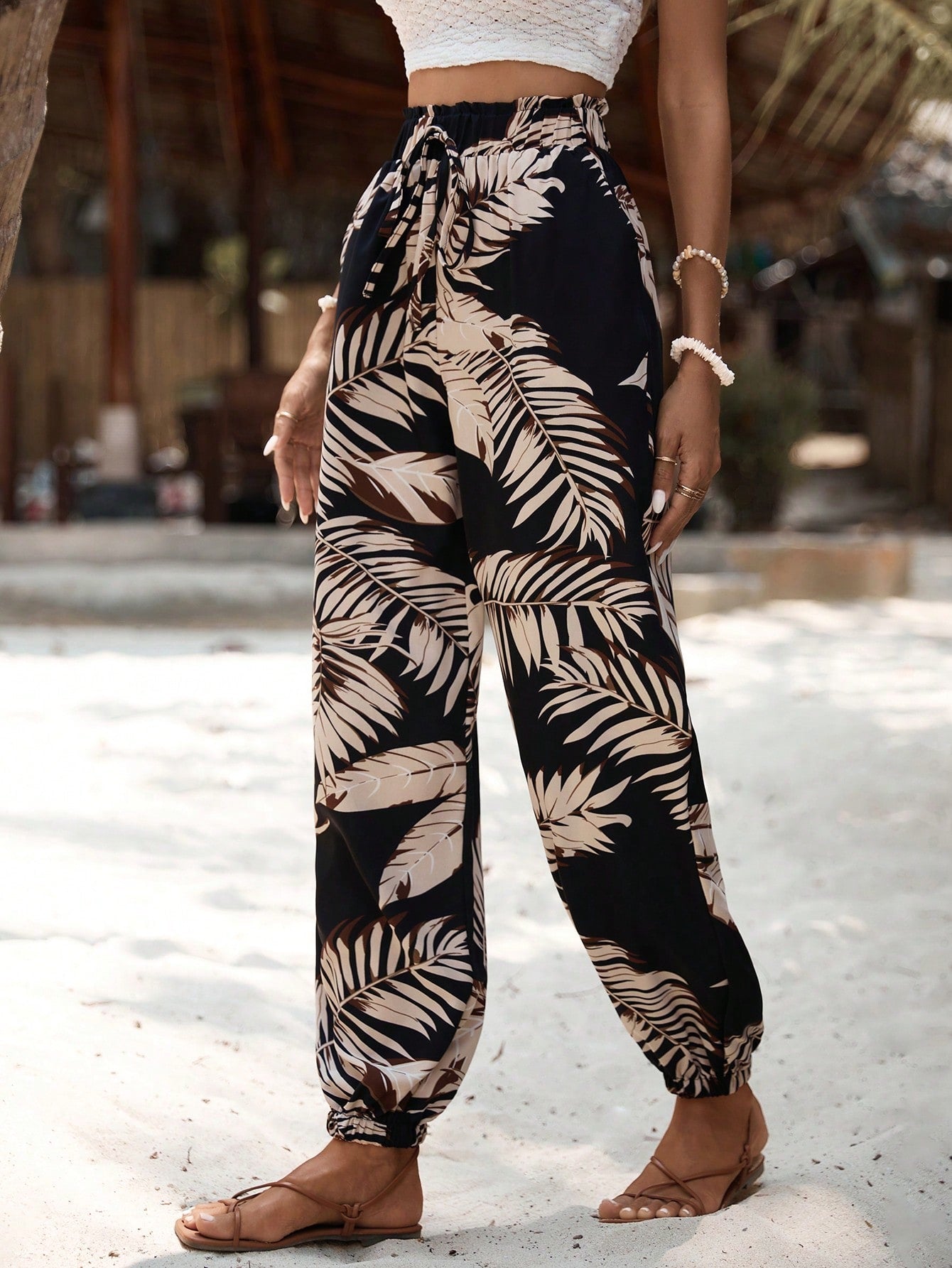 VCAY Tropical Print Paperbag Waist Belted Pants