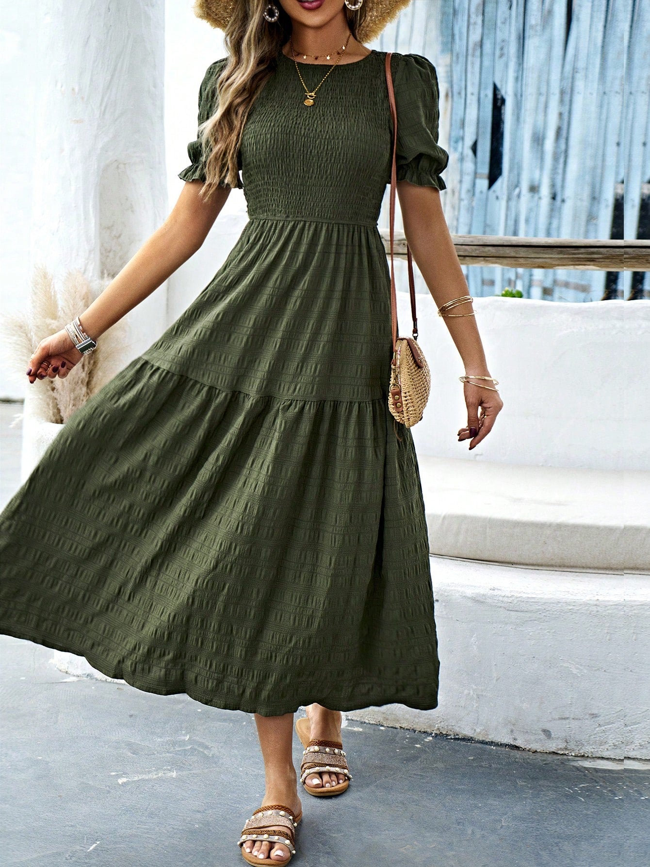 LUNE Women Summer Solid Round Neck Short Bubble Sleeve Casual Long Elegant Pleated Dress