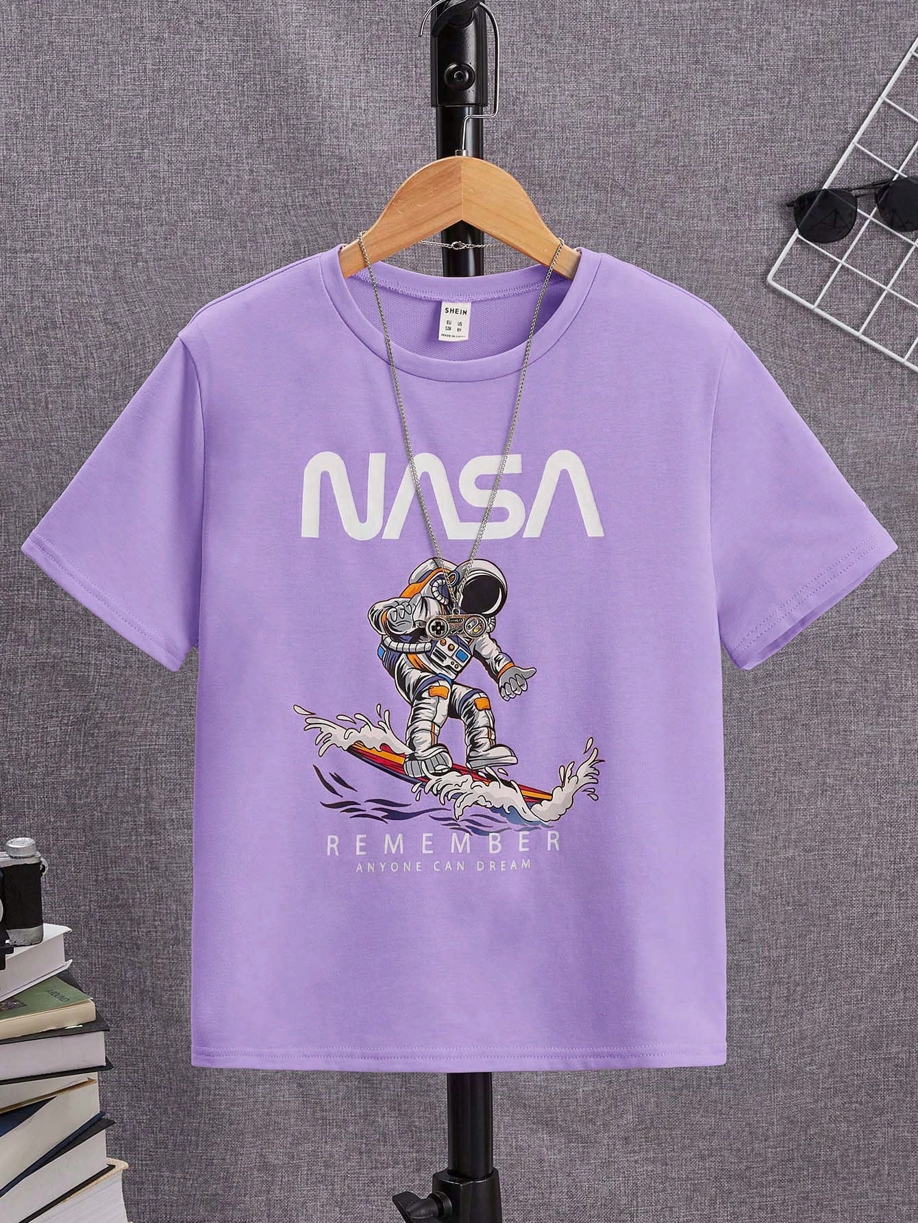 Tween Boy's Astronaut And Letter Printed Short Sleeve Casual T-Shirt, Summer