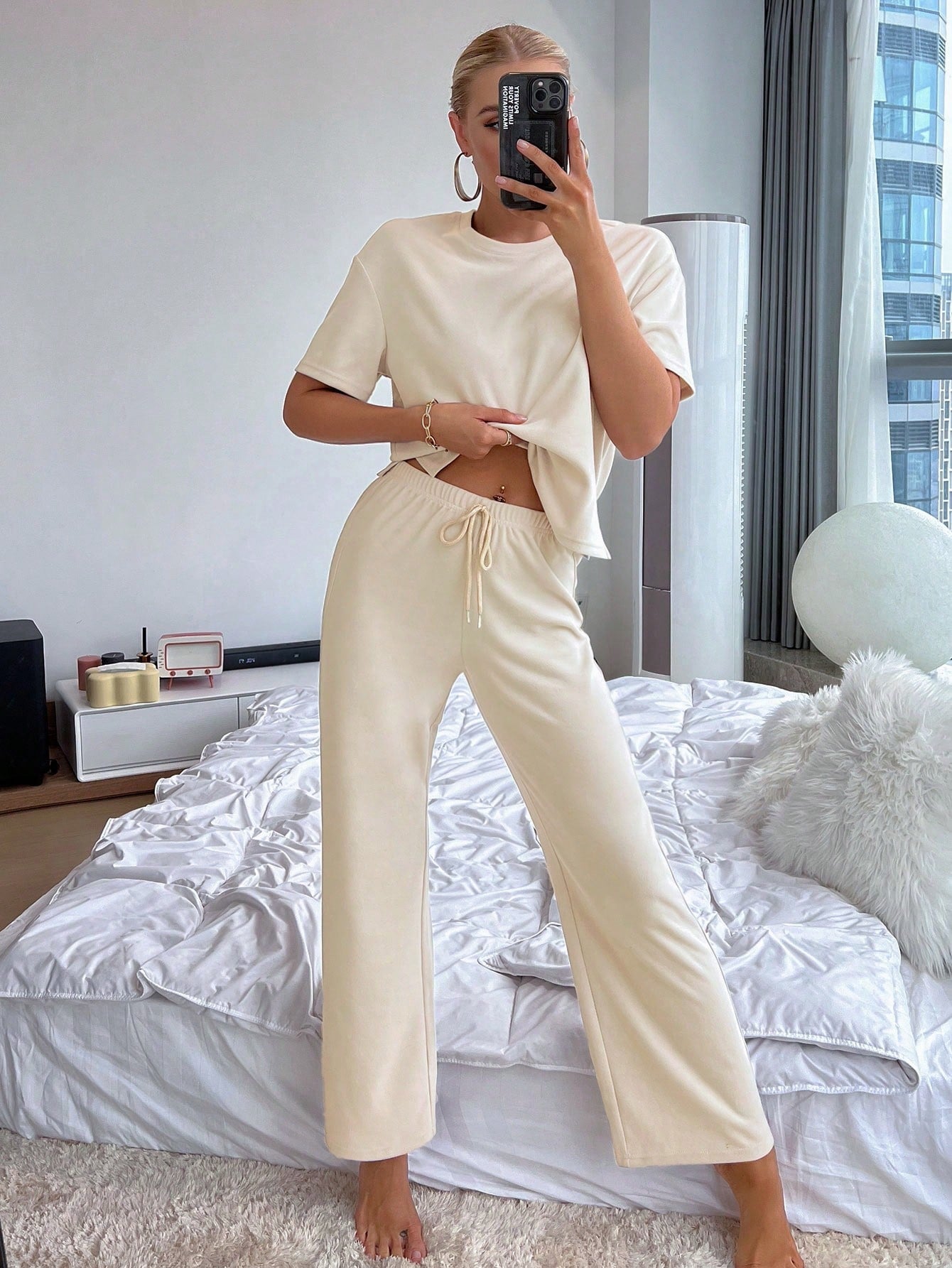 Solid Split Hem Tee & Tie Waist Pants Lounge Set