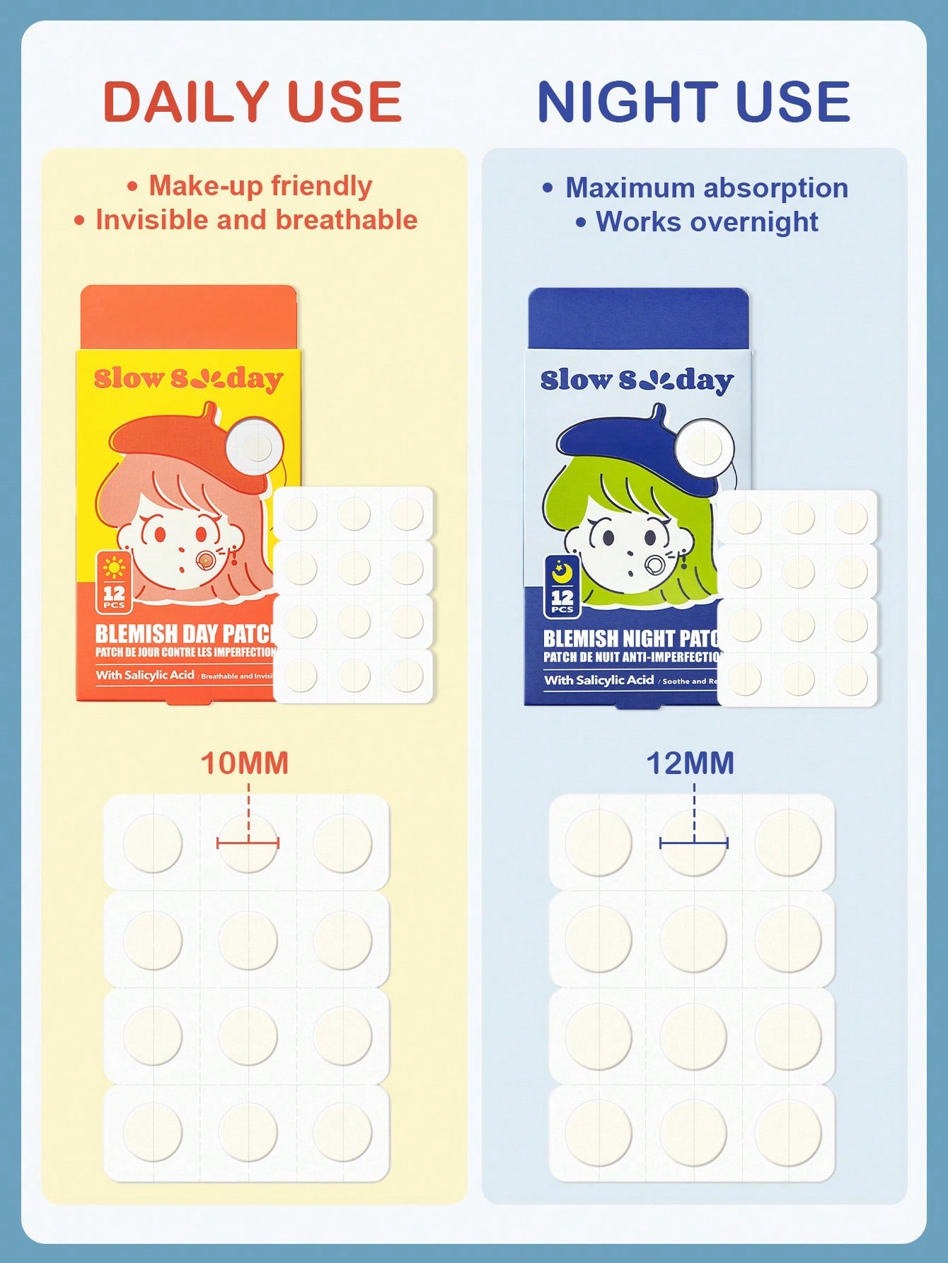 SlowSunday Hydrocolloid Acne Pimple Night Patch 12 PCS, For Covering Zits And Blemishes, Spot Stickers For Face And Skin, Overnight Working Spot Patches Pimple Patches For Acne