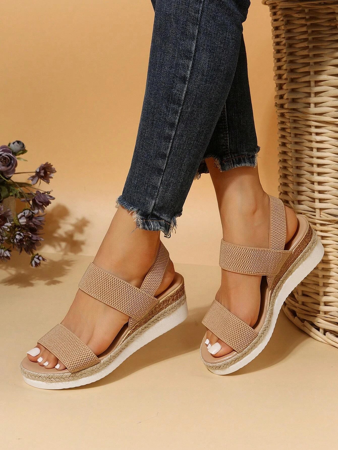 Women Double Band Slingback Sandals, Vacation Outdoor Fabric Wedge Sandals