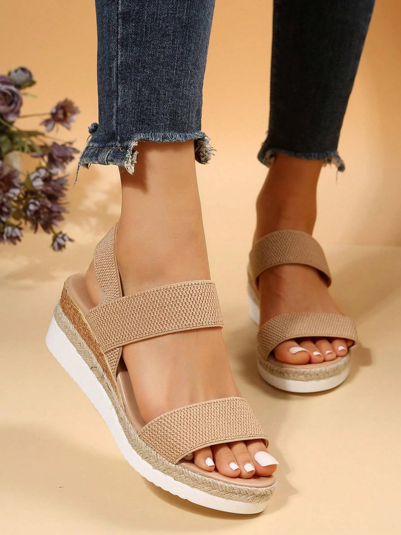 Women Double Band Slingback Sandals, Vacation Outdoor Fabric Wedge Sandals