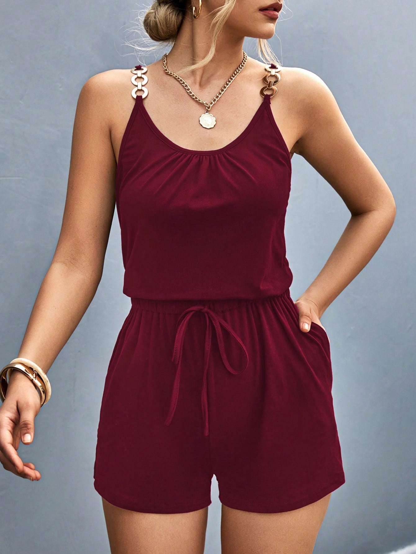 LUNE Solid Knot Front Cami Romper