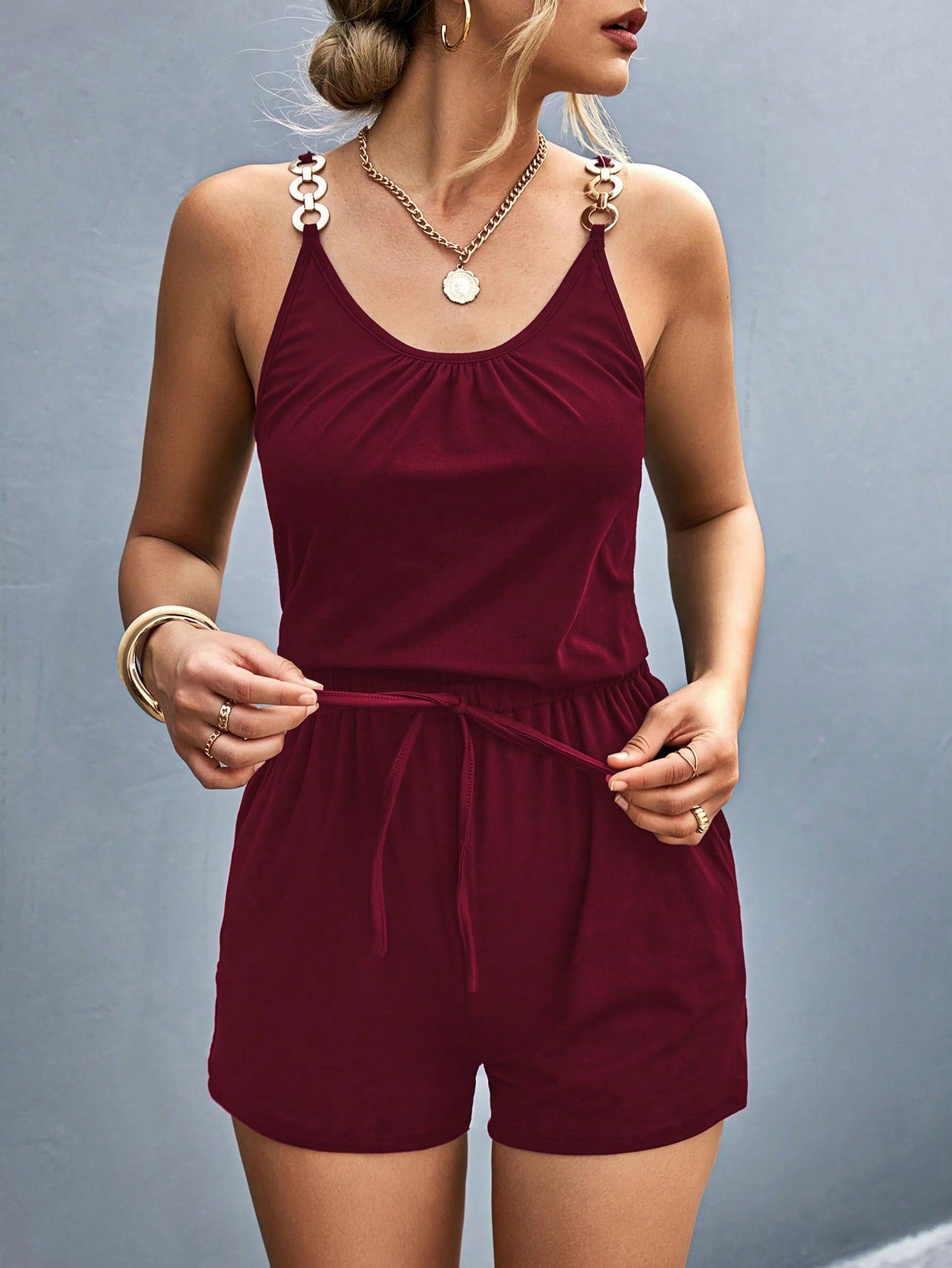 LUNE Solid Knot Front Cami Romper