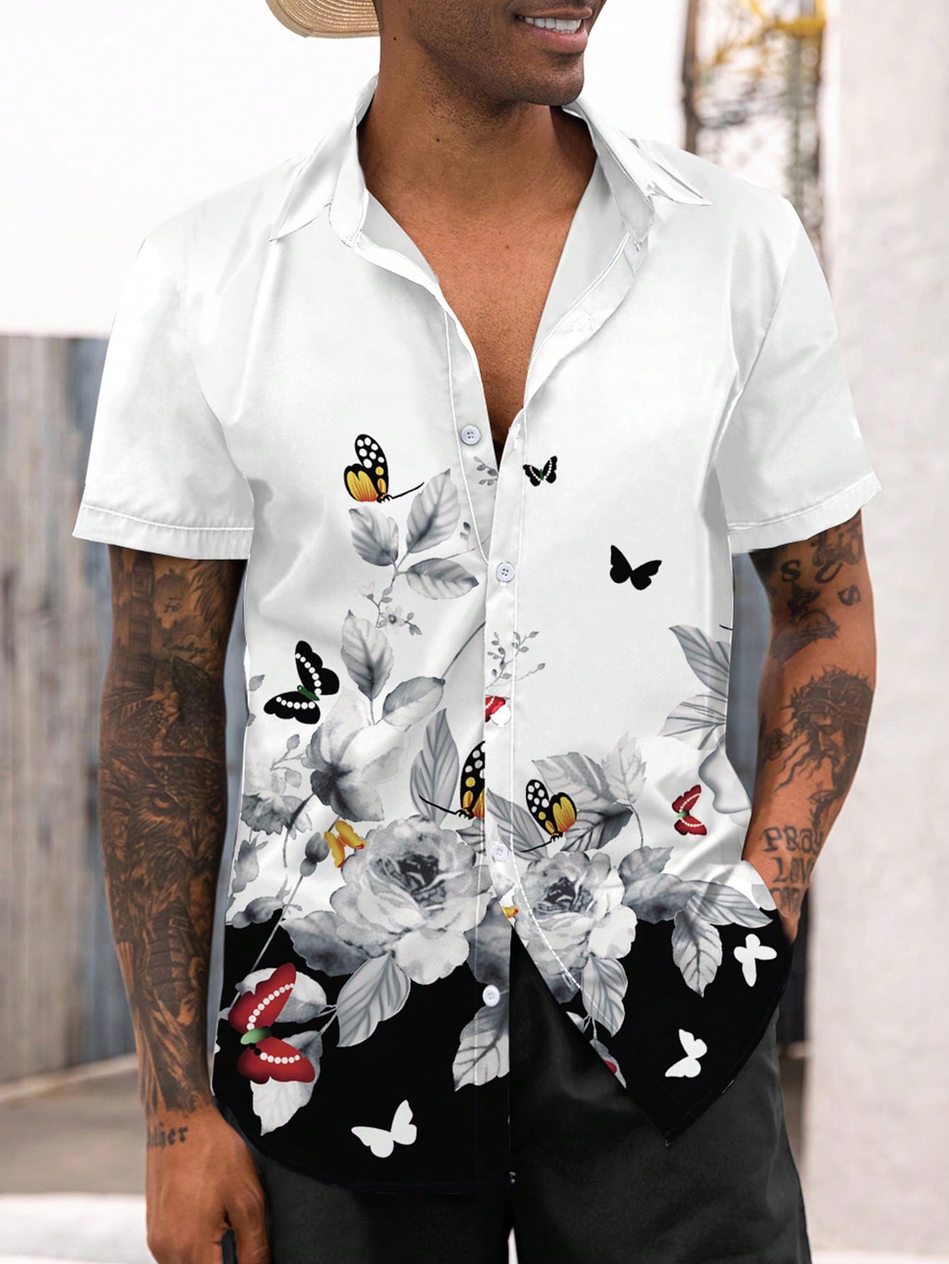 Manfinity Homme Men Butterfly And Floral Print Short Sleeve Button Up Graphic Vacation Beach Shirt Without Tee