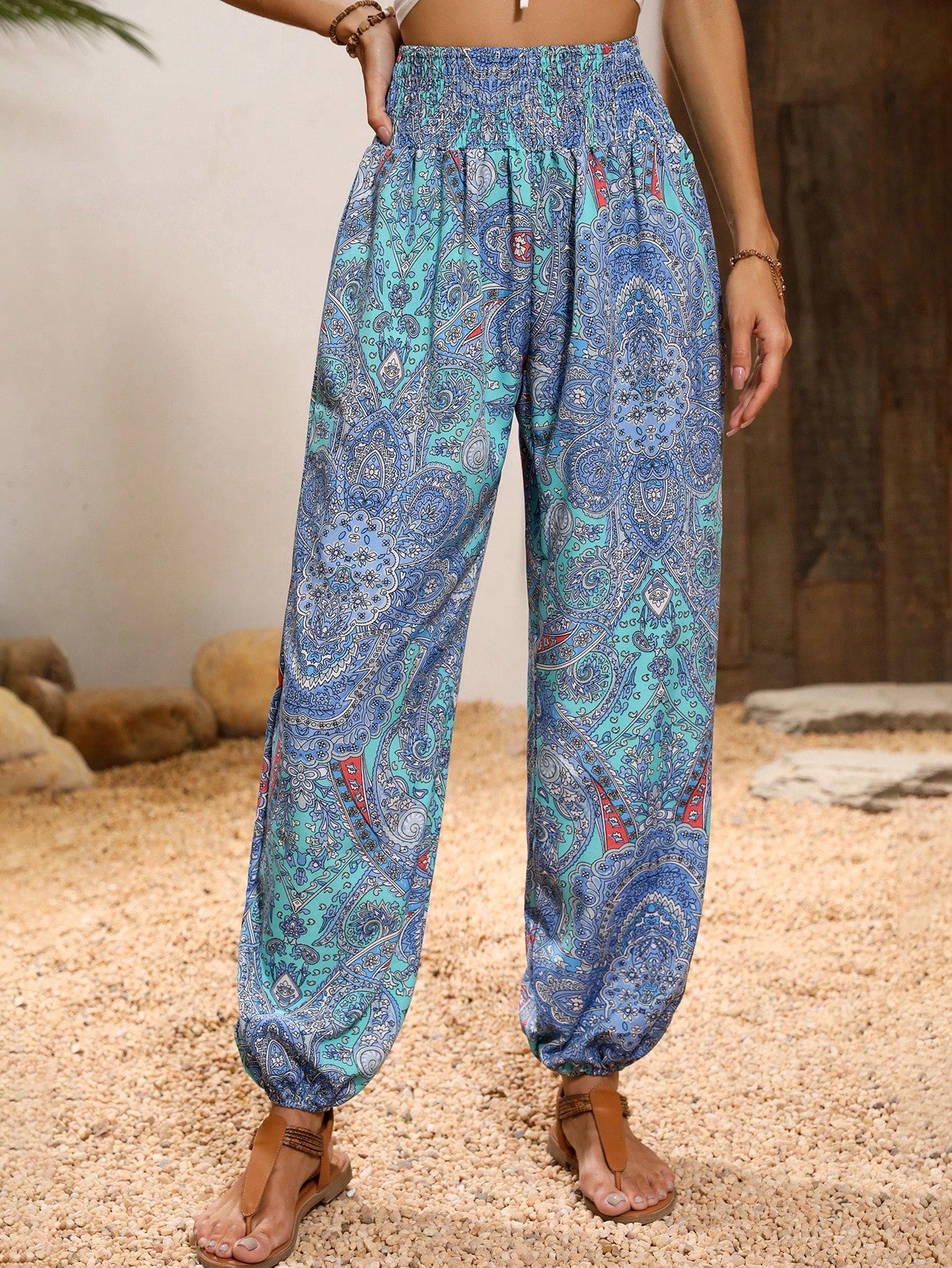 Holidaya Paisley Print Drawstring Waist Tapered Leg Casual Palazzo Pants