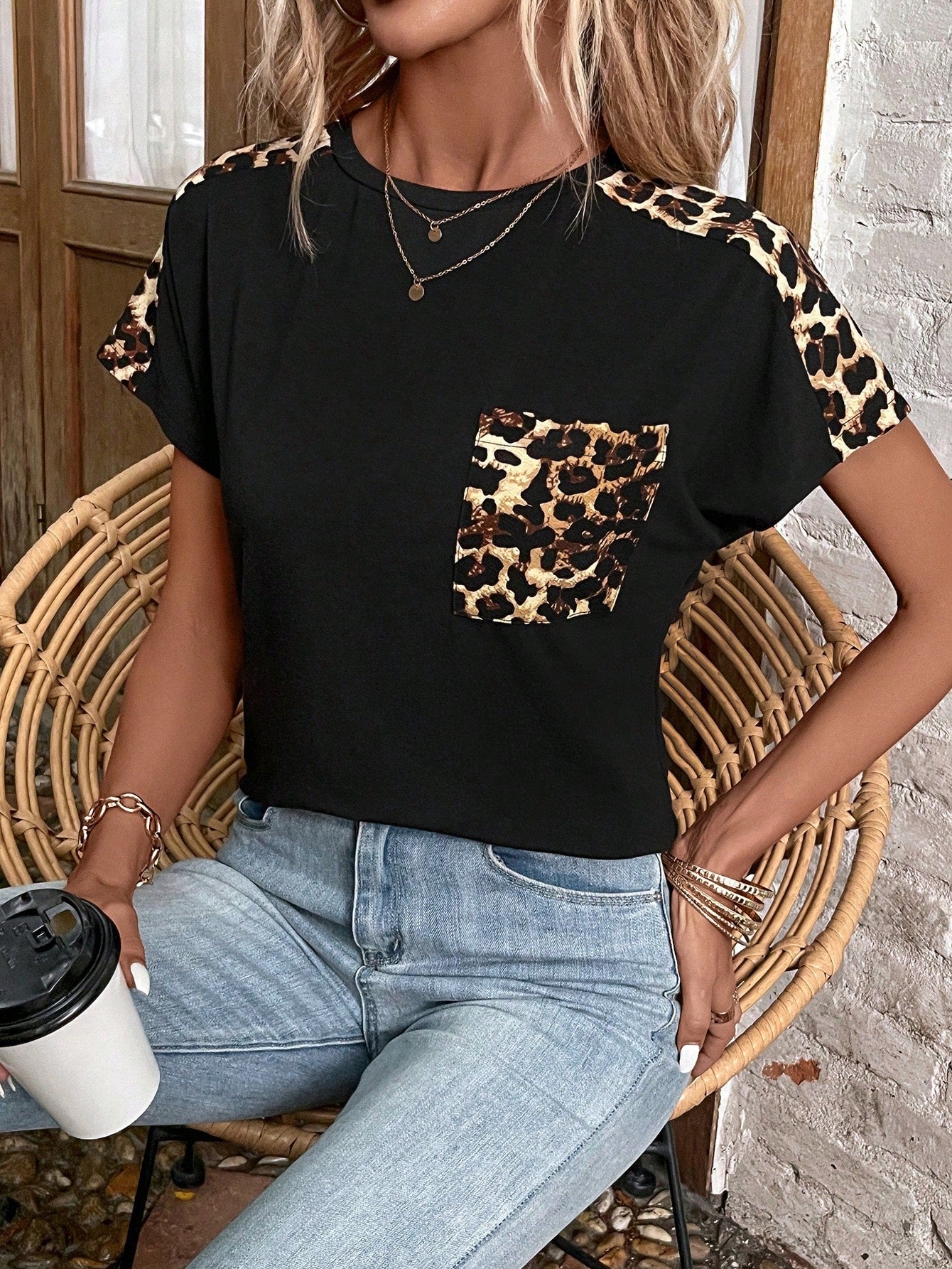 LUNE Leopard Print Patched Pocket Dolman Sleeve Tee