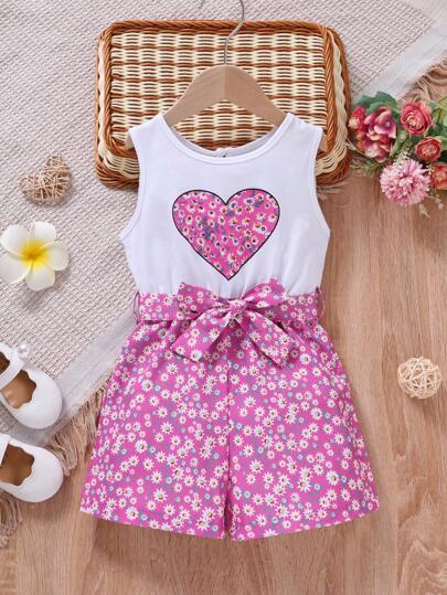 SHEIN Young Girl Ditsy Floral & Heart Print Belted Romper