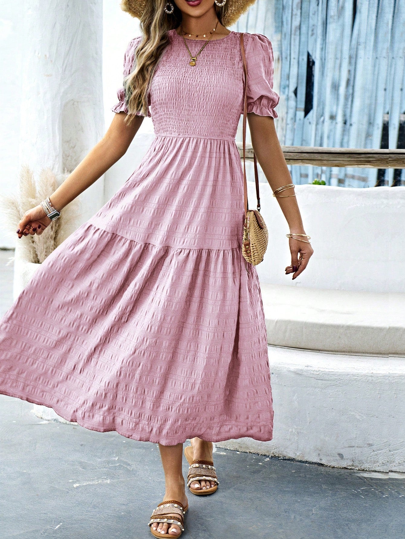 LUNE Women Summer Solid Round Neck Short Bubble Sleeve Casual Long Elegant Pleated Dress