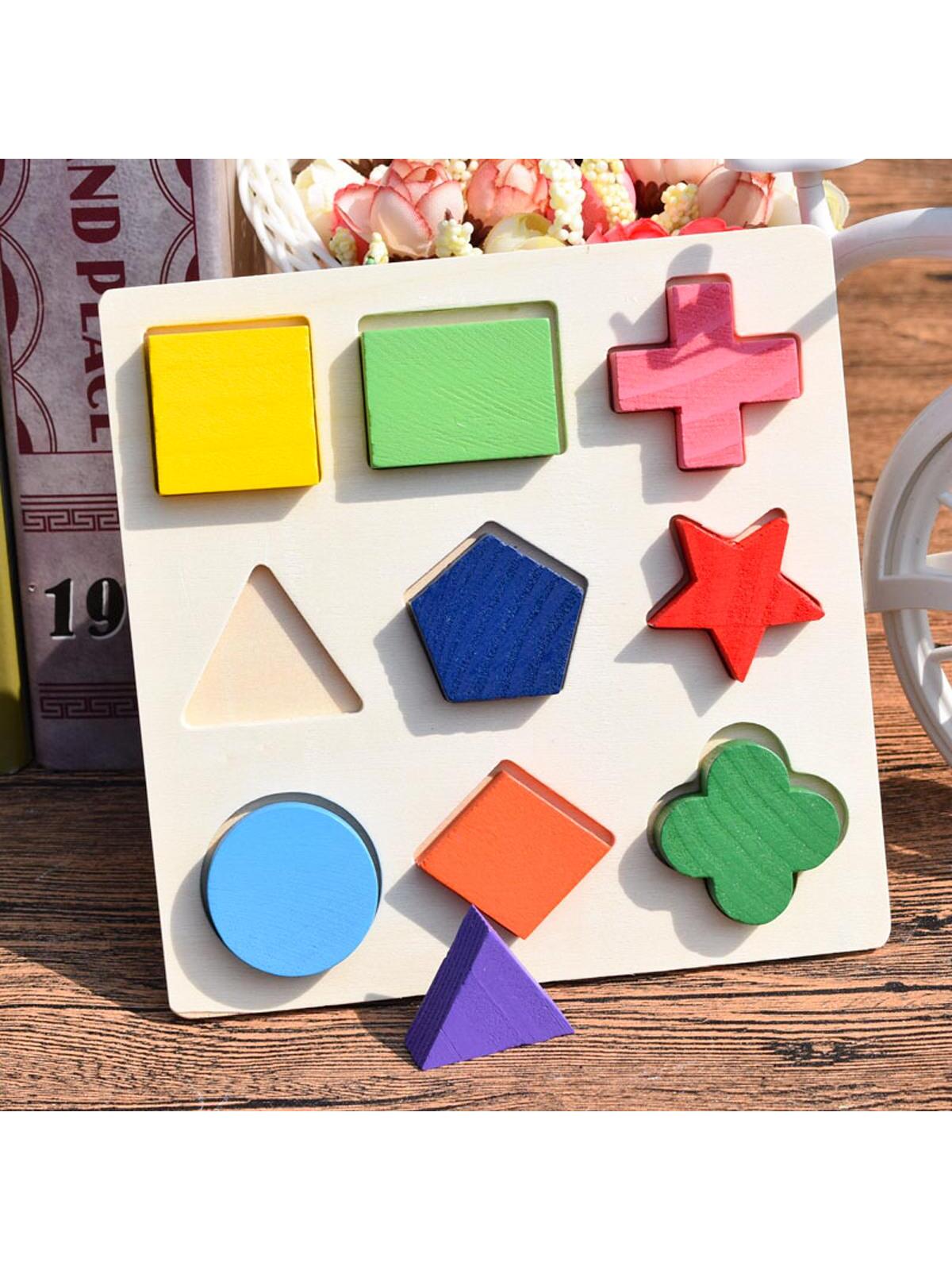 1set Shape Matching Blocks Puzzle Board, Simple Wood Mixed Color Puzzle Toy For KidsSchool, Student,Stationery,School Supplies