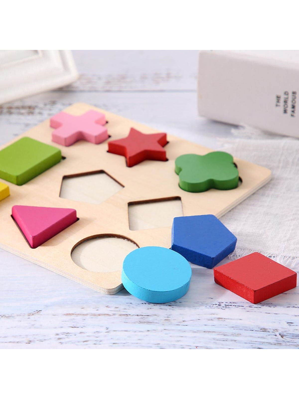 1set Shape Matching Blocks Puzzle Board, Simple Wood Mixed Color Puzzle Toy For KidsSchool, Student,Stationery,School Supplies