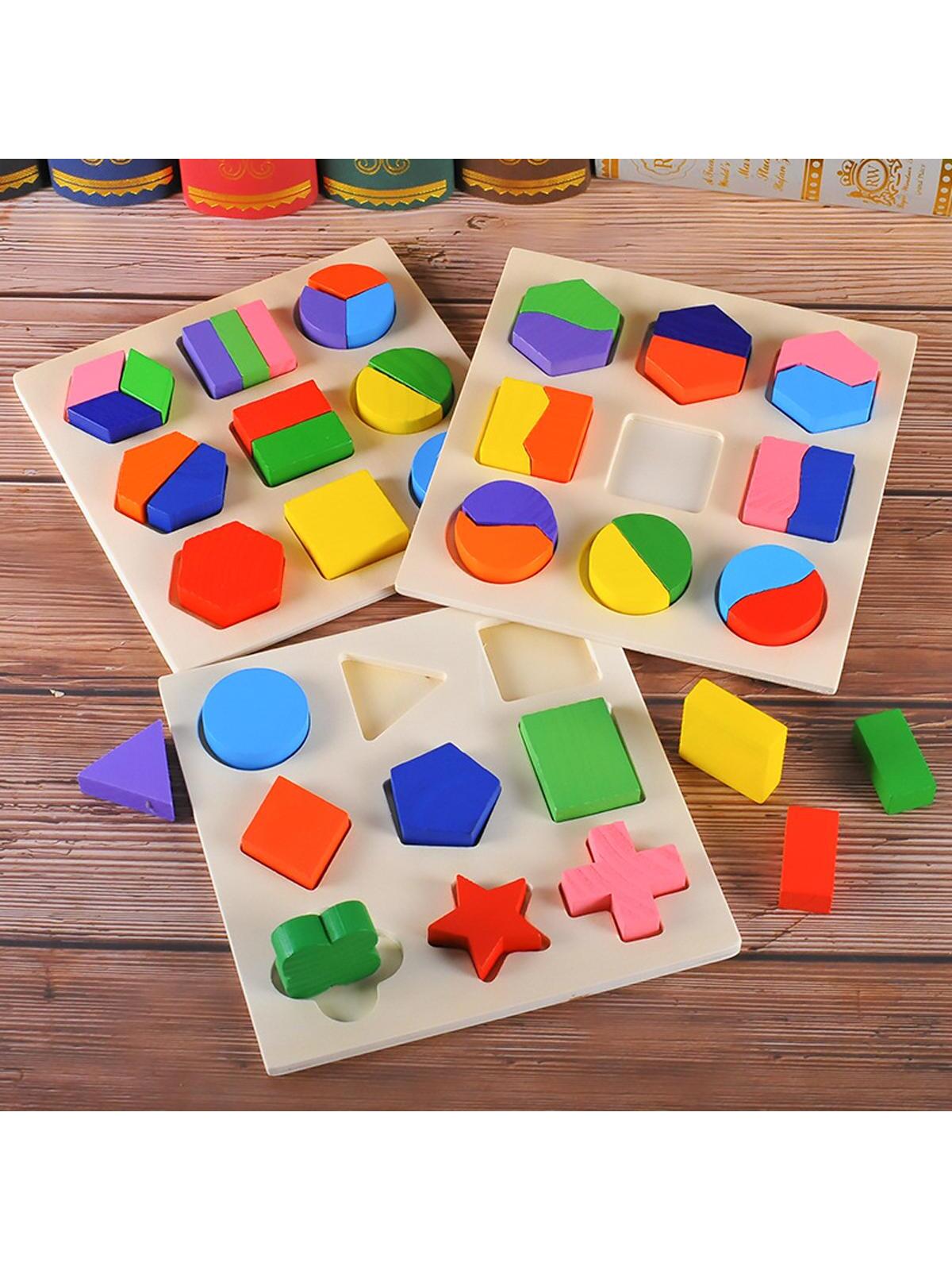 1set Shape Matching Blocks Puzzle Board, Simple Wood Mixed Color Puzzle Toy For KidsSchool, Student,Stationery,School Supplies