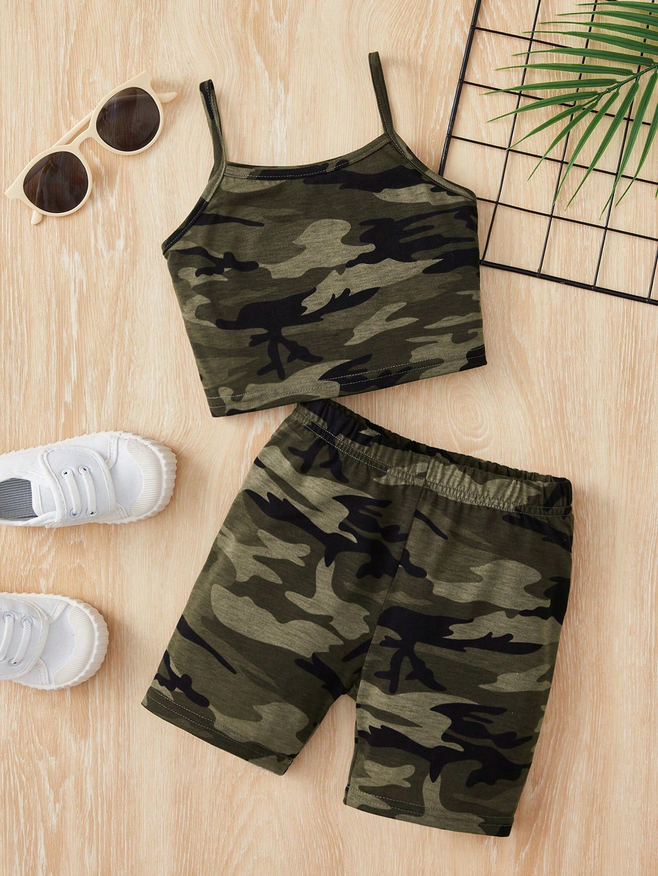 Young Girl Camo Print Cami Top & Biker Shorts