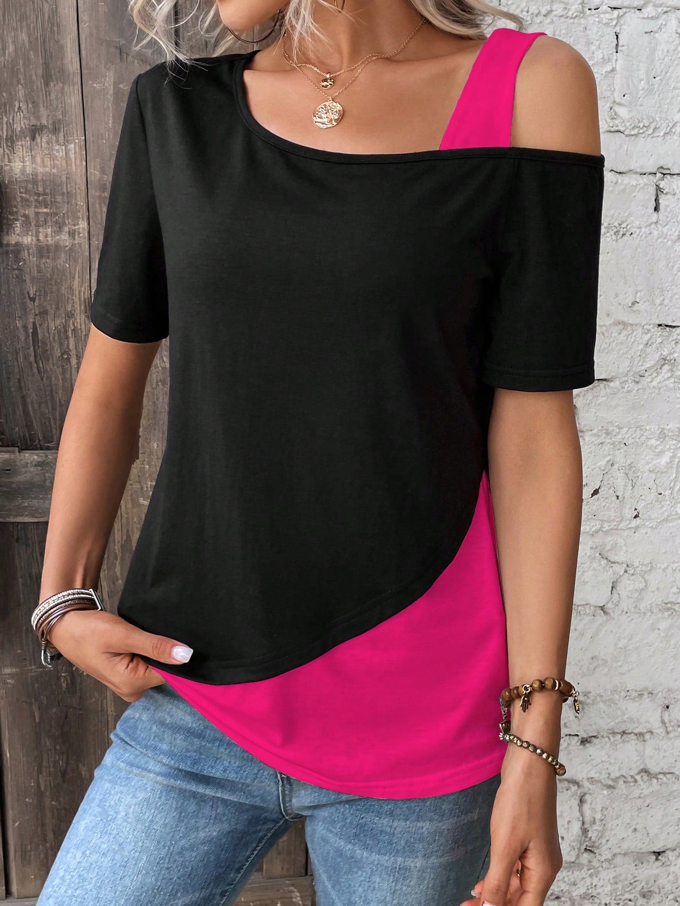 LUNE Leopard Print Spliced Asymmetrical Neckline T-Shirt