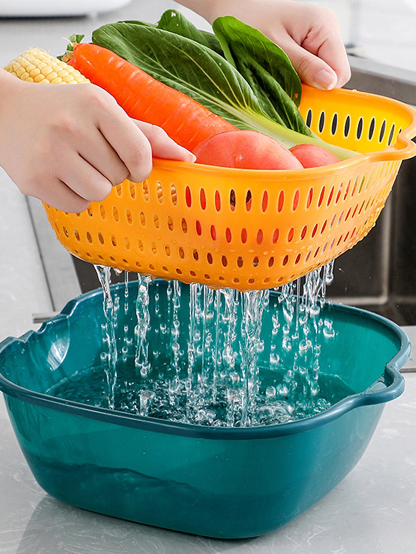 1set/6pcs Double Layer Vegetable Wash Bowl, Fruit Basket, Drain Basket, Living Room Household