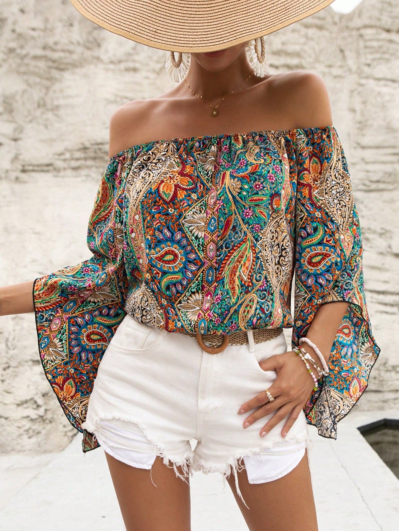 Holidaya Paisley Print Off Shoulder Trumpet Sleeve Blouse