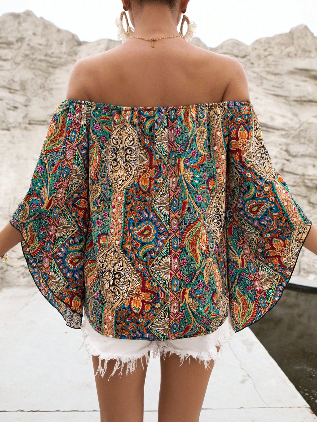 Holidaya Paisley Print Off Shoulder Trumpet Sleeve Blouse