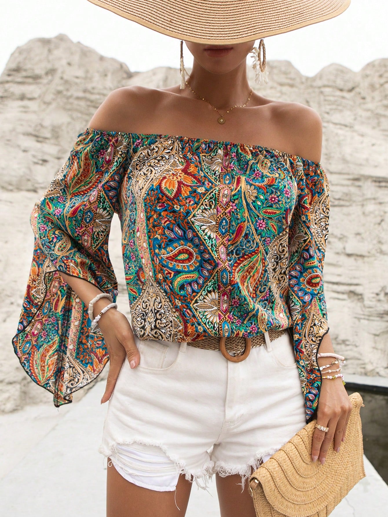 Holidaya Paisley Print Off Shoulder Trumpet Sleeve Blouse