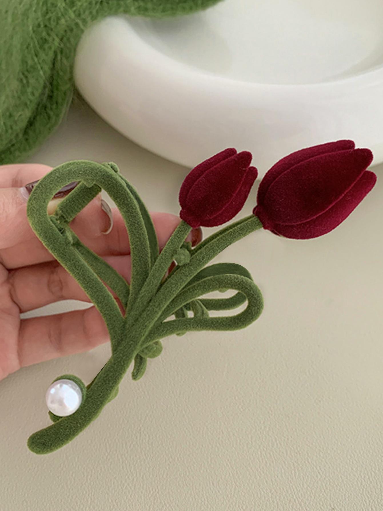 1pc Women's Pink Tulip Flower Hair Claw Hair Clip For Back Head, Hair Claw Headwear Halloween