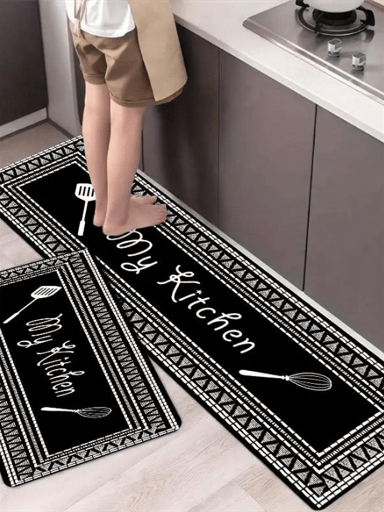 1pc Tableware & Letter Graphic Anti-Slip Kitchen Rug ,Room Decor