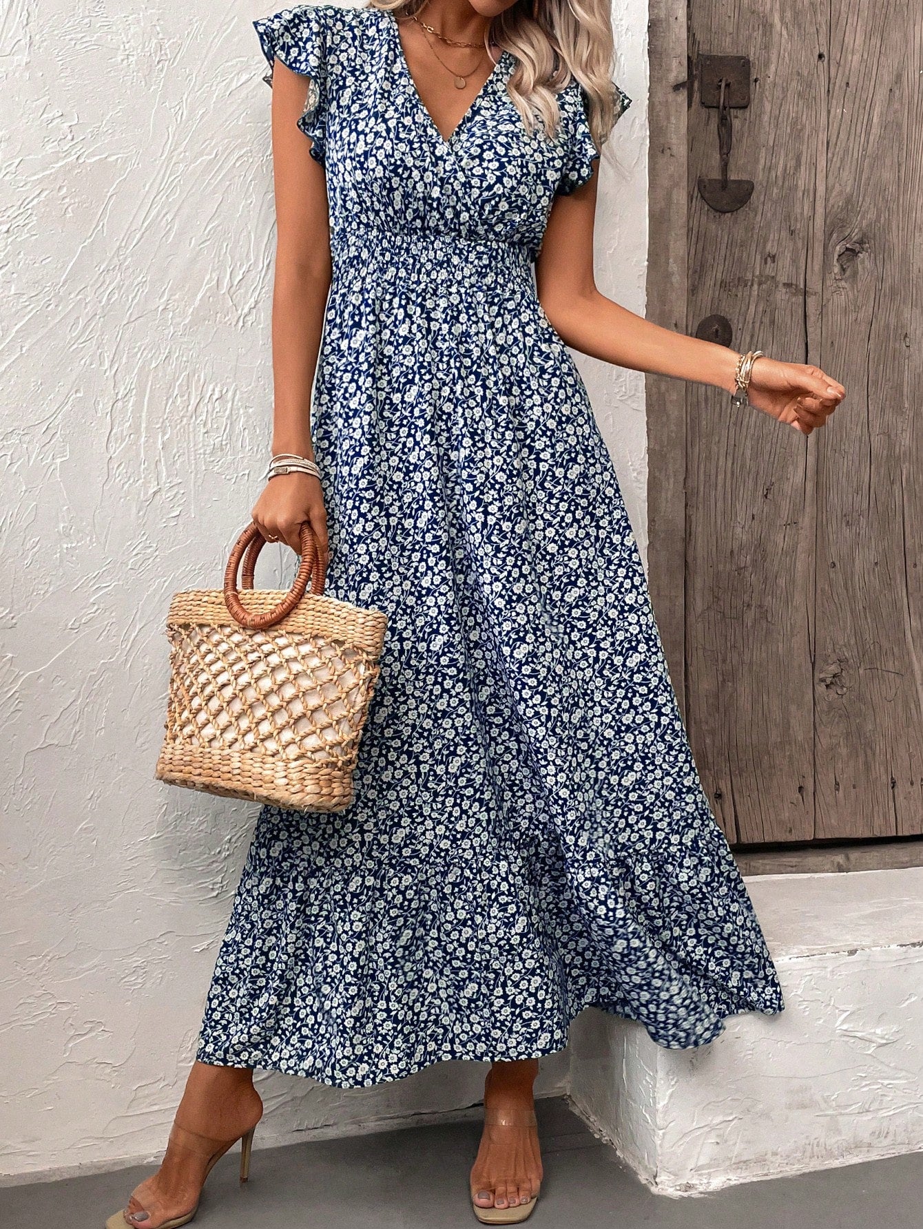 LUNE Floral Print V-Neck Ruffle Hem Dress