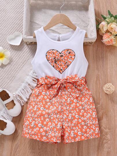 SHEIN Young Girl Ditsy Floral & Heart Print Belted Romper