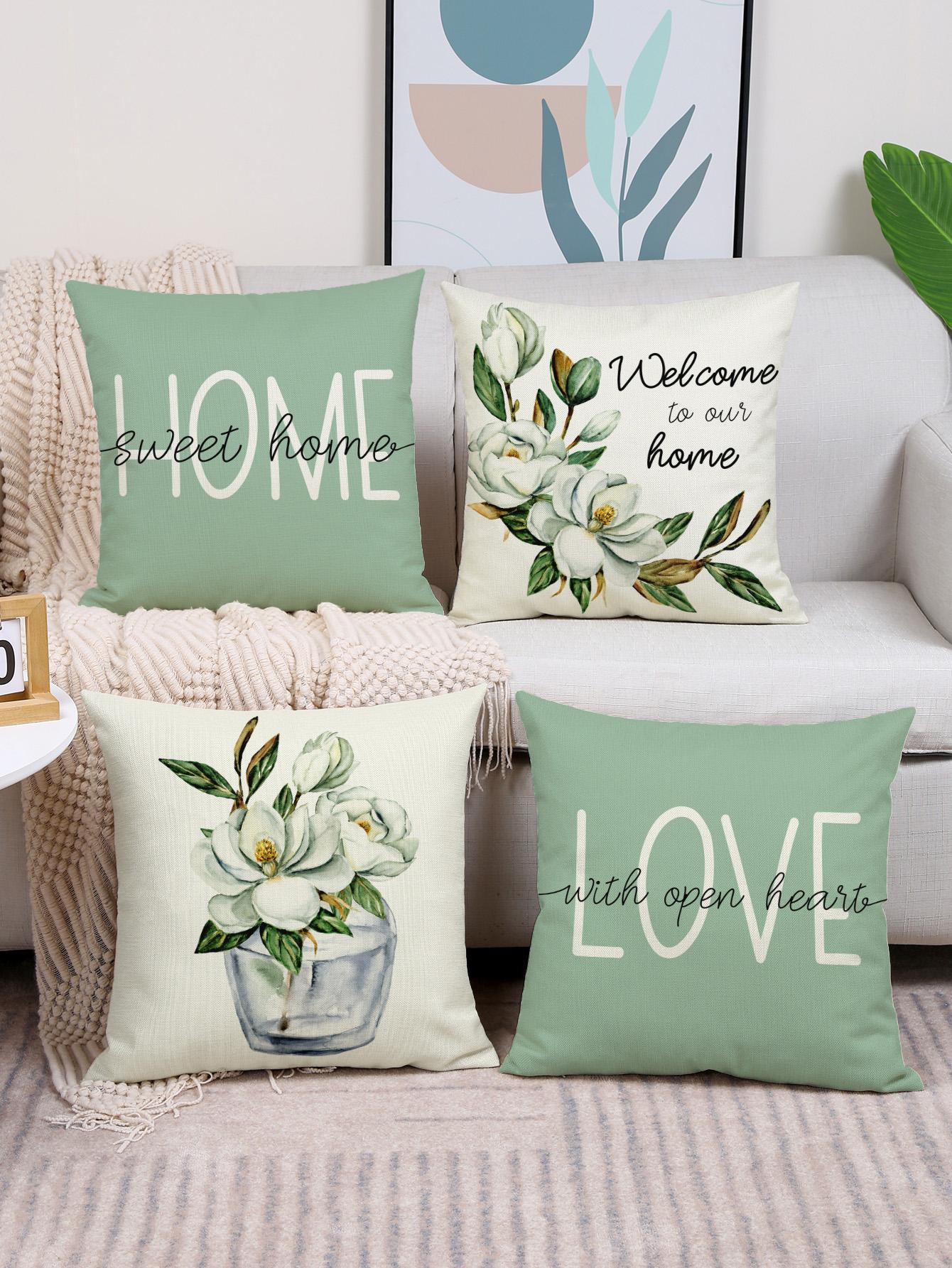 4pcs Floral & Letter Graphic  Cushion Cover Set, Modern Style Linen Fabric Hand-Painted Pillowcases For Home Sofa Living Room Decor Without Filler