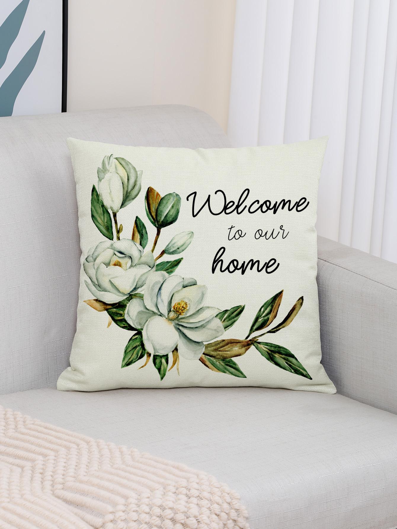 4pcs Floral & Letter Graphic  Cushion Cover Set, Modern Style Linen Fabric Hand-Painted Pillowcases For Home Sofa Living Room Decor Without Filler