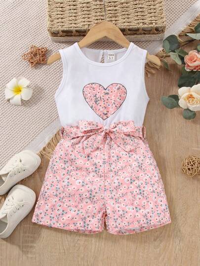 SHEIN Young Girl Ditsy Floral & Heart Print Belted Romper