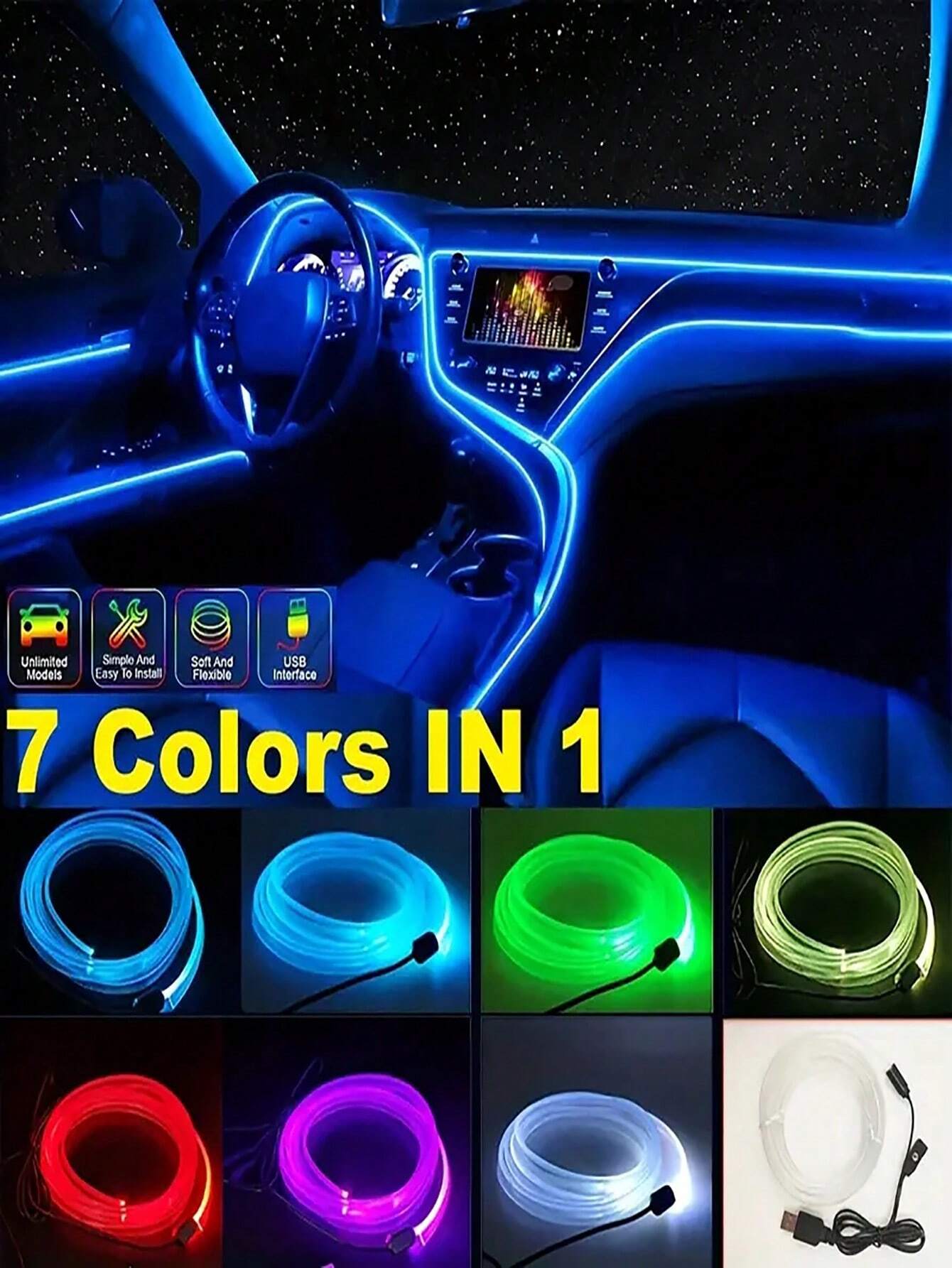 4m 157.48 Inch LED Strip Car Interior Decoration Atmosphere Light, RGB Neon DIY Dashboard Light