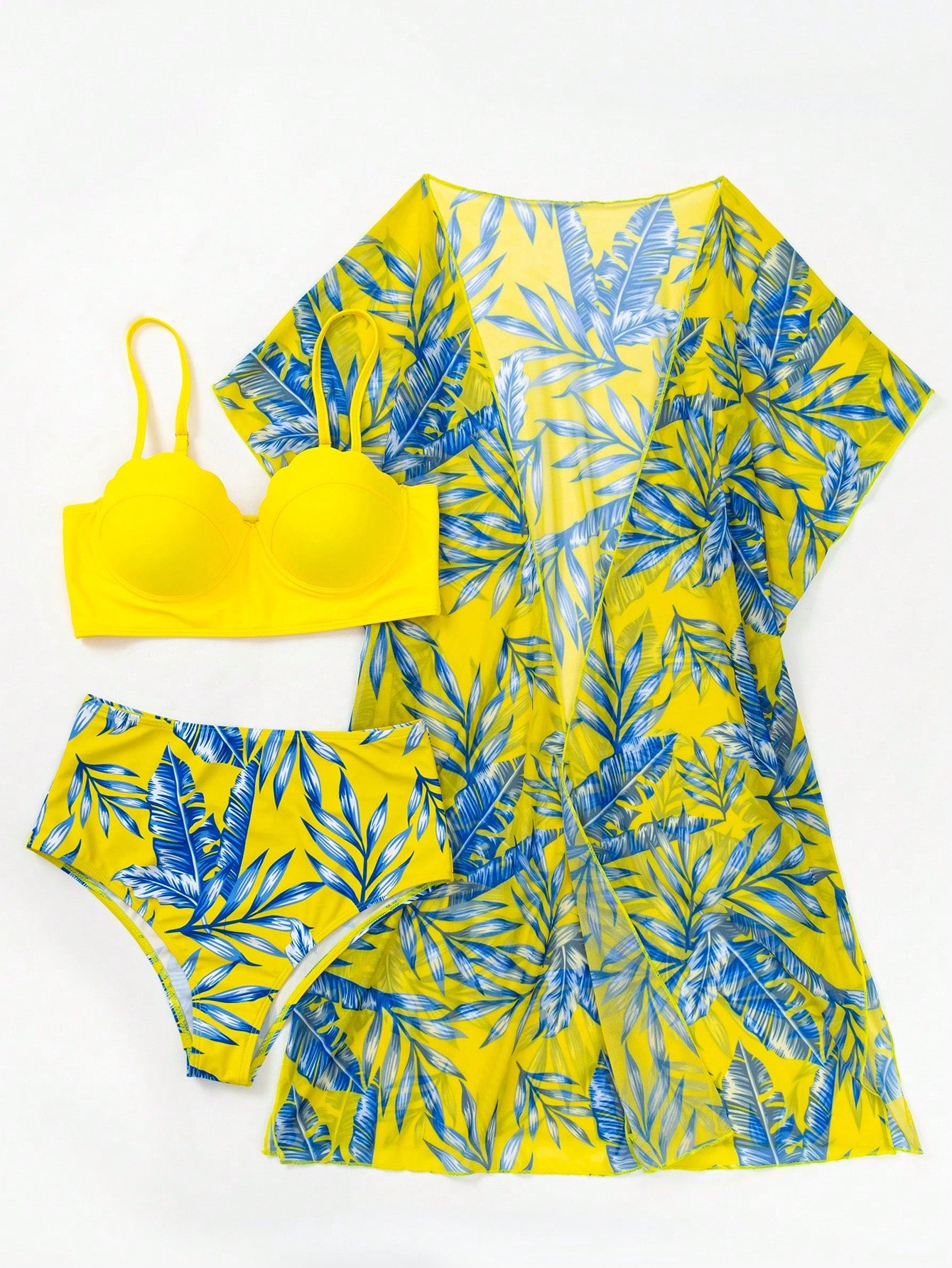 Swim Tropical Print Push Up Bikini Set With Kimono,Summer Beach