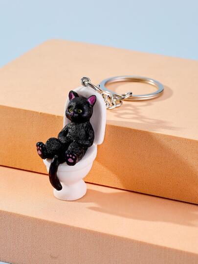 1pc Cute Creative Cartoon Cat Sitting On A Toilet Doll Keychain, Bag Pendant