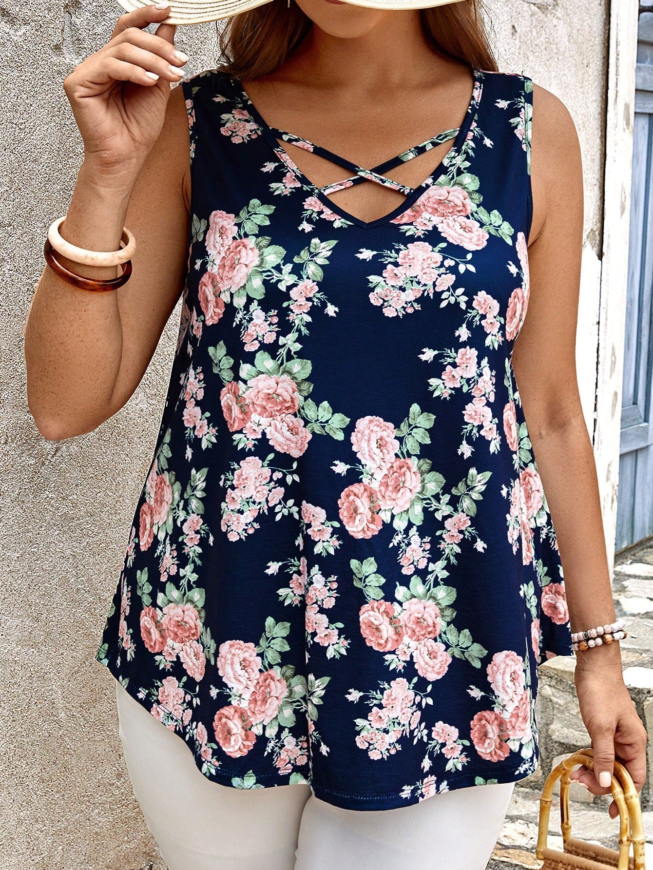 EMERY ROSE Plus Floral Print Crisscross Front Tank Top