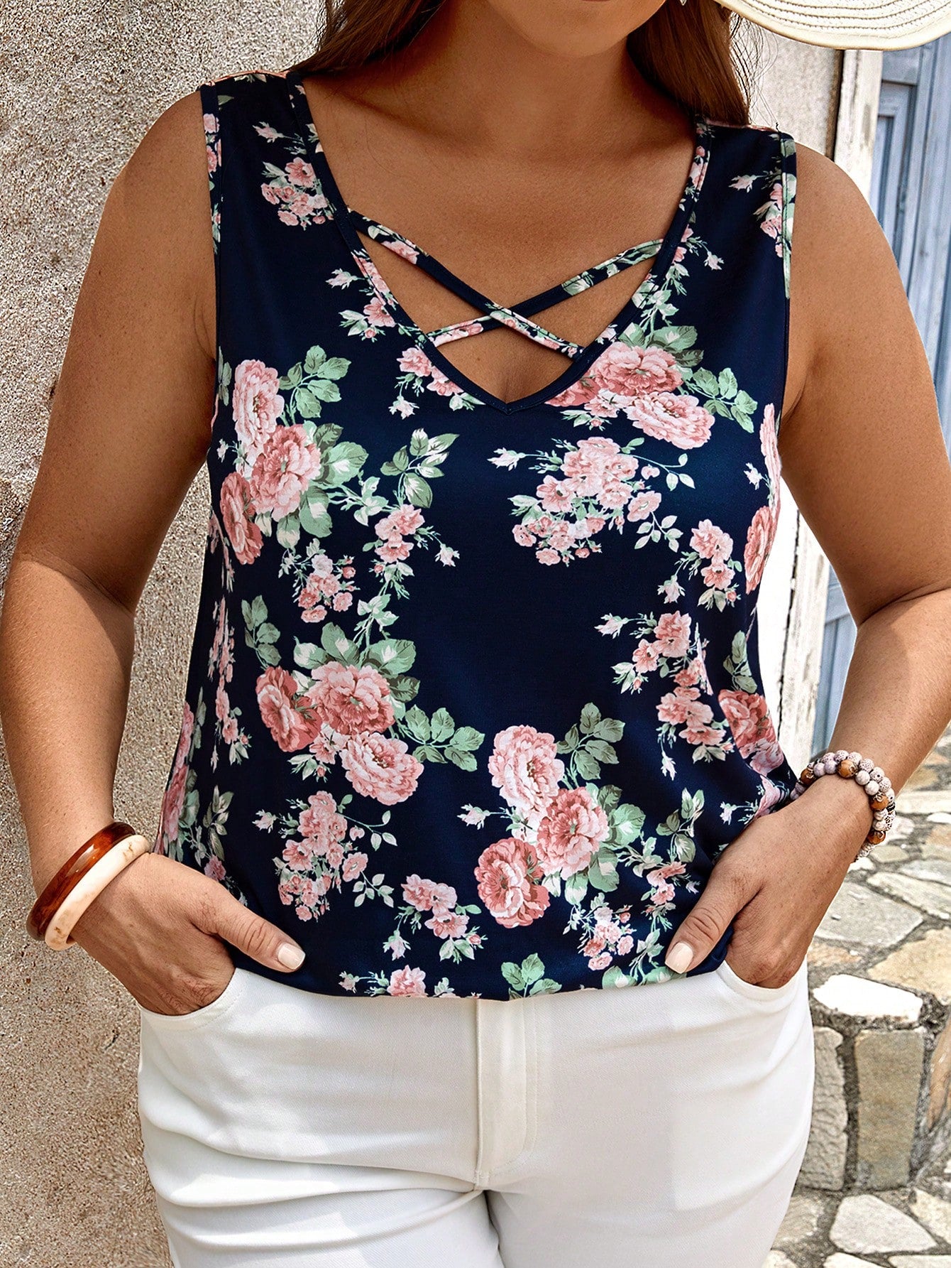 EMERY ROSE Plus Floral Print Crisscross Front Tank Top