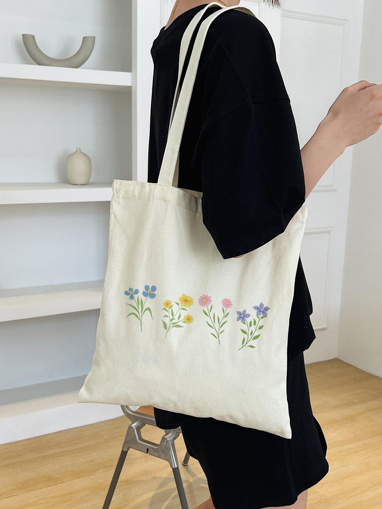 Floral Graphic Shopper Bag Double Handle Preppy,School Bag,Large Capacity,Portable,For Teen Girls Women College Students,White-Collar Workers,Perfect For Work,Back To School,Middle School,High School,College,Vacation